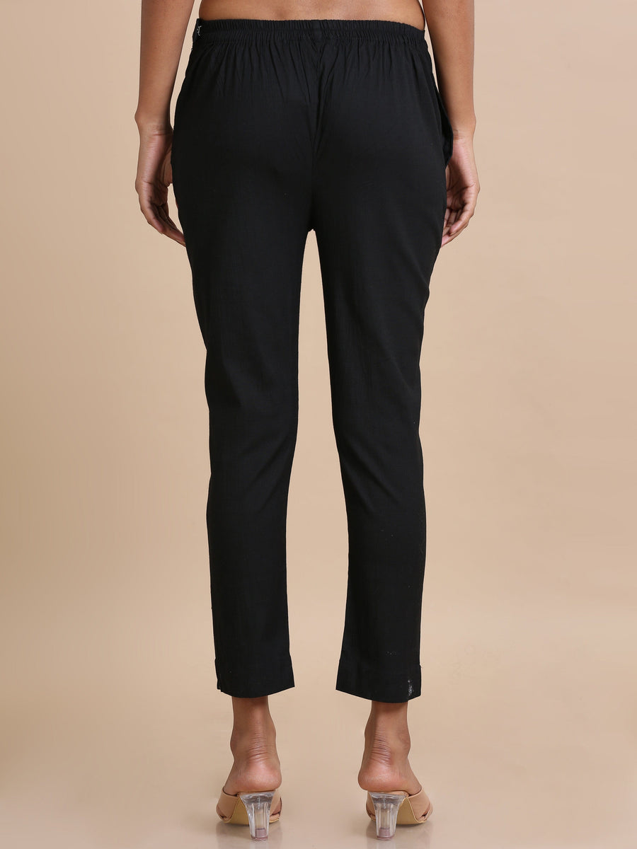 Black Cotton Solid Slim fit Ankle length Pants