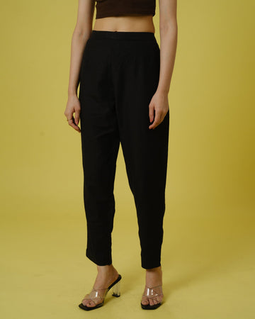 Black Cotton Slub Solid Regular Ankle Length Trouser