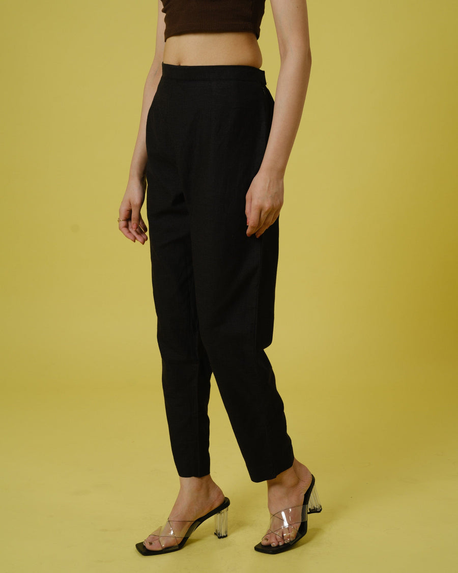 Black Cotton Slub Solid Regular Ankle Length Trouser