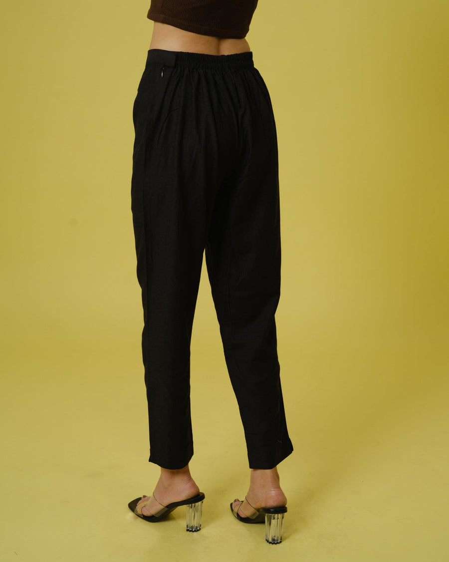 Black Cotton Slub Solid Regular Ankle Length Trouser