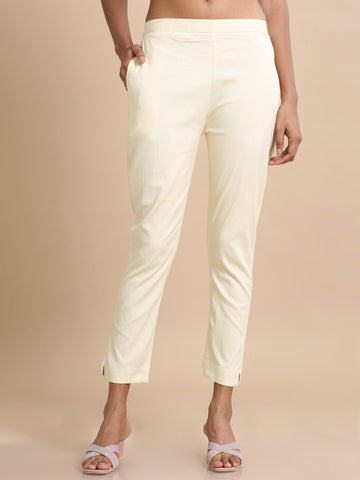 Cream Cotton Solid Slim fit Ankle length Pants