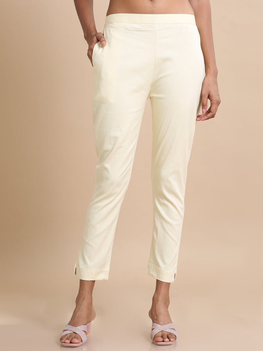 Cream Cotton Solid Slim fit Ankle length Pants