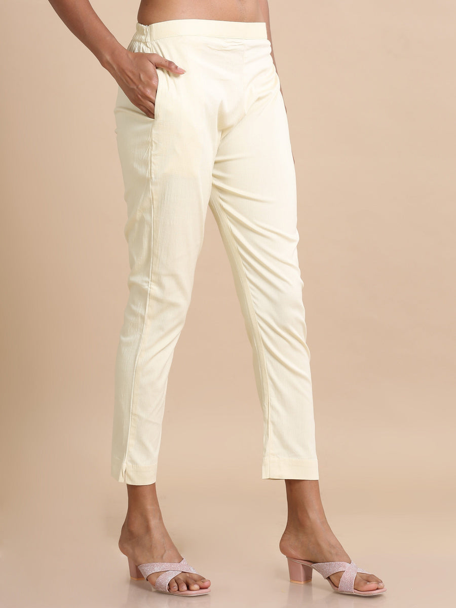 Cream Cotton Solid Slim fit Ankle length Pants