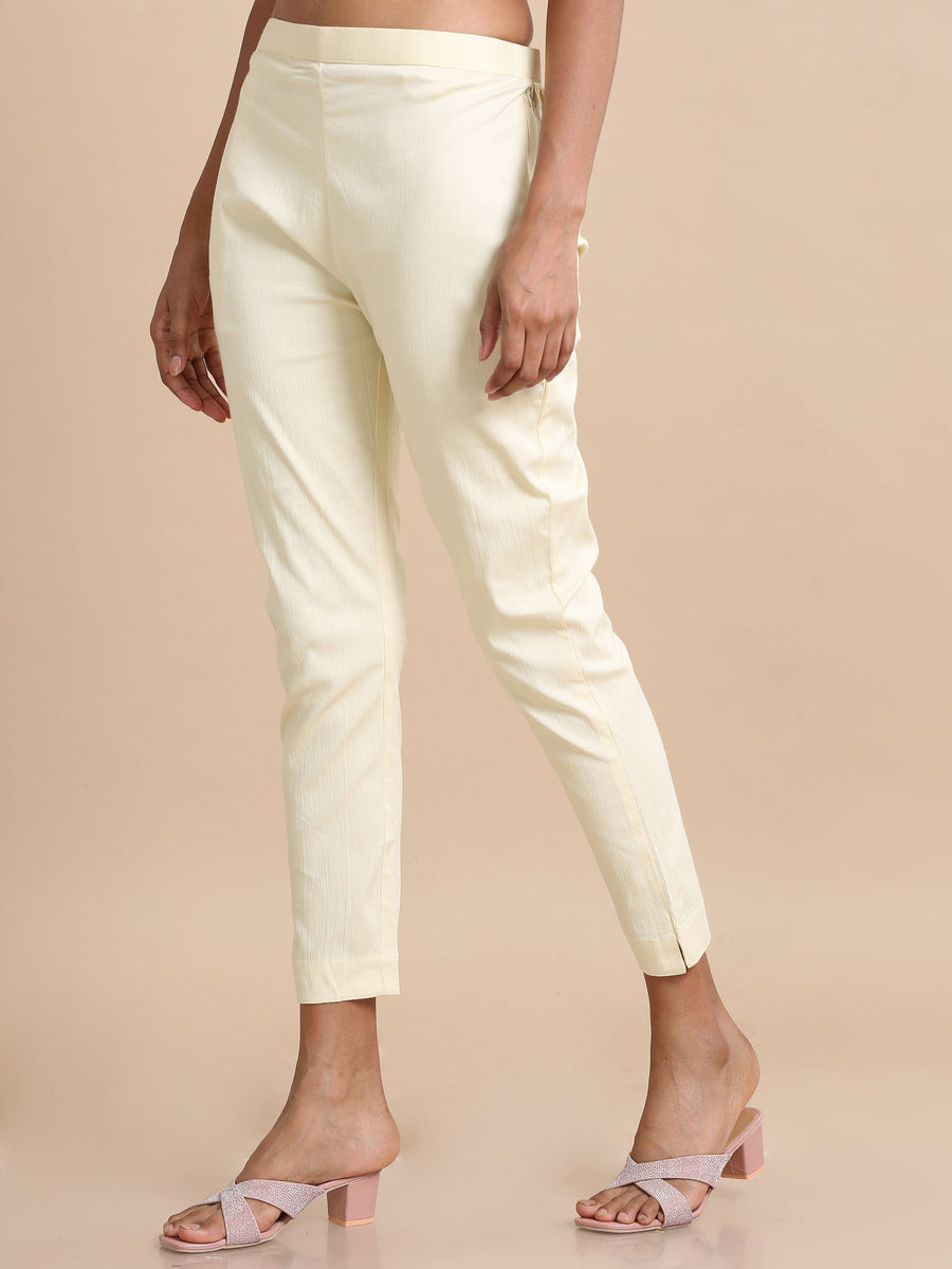 Cream Cotton Solid Slim fit Ankle length Pants