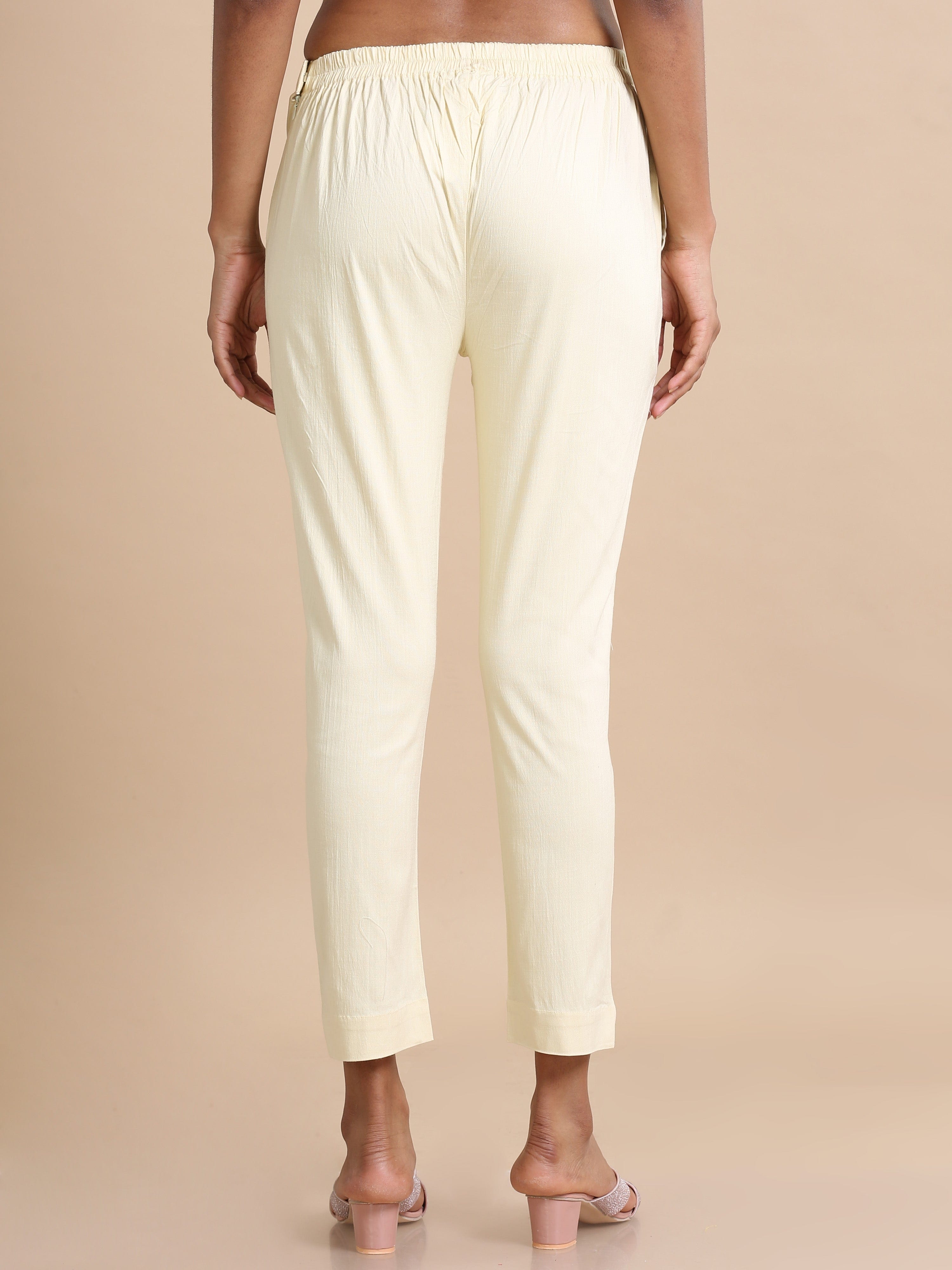 Cream Cotton Solid Slim fit Ankle length Pants