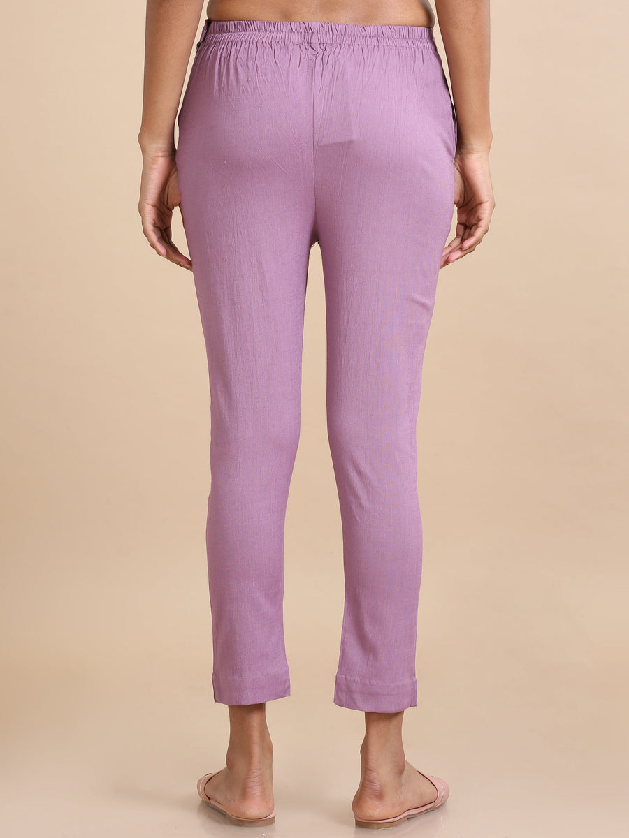 Lilac Cotton Solid Slim fit Ankle length Pants