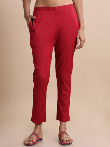 Maroon Cotton Solid Slim fit Ankle length Pants