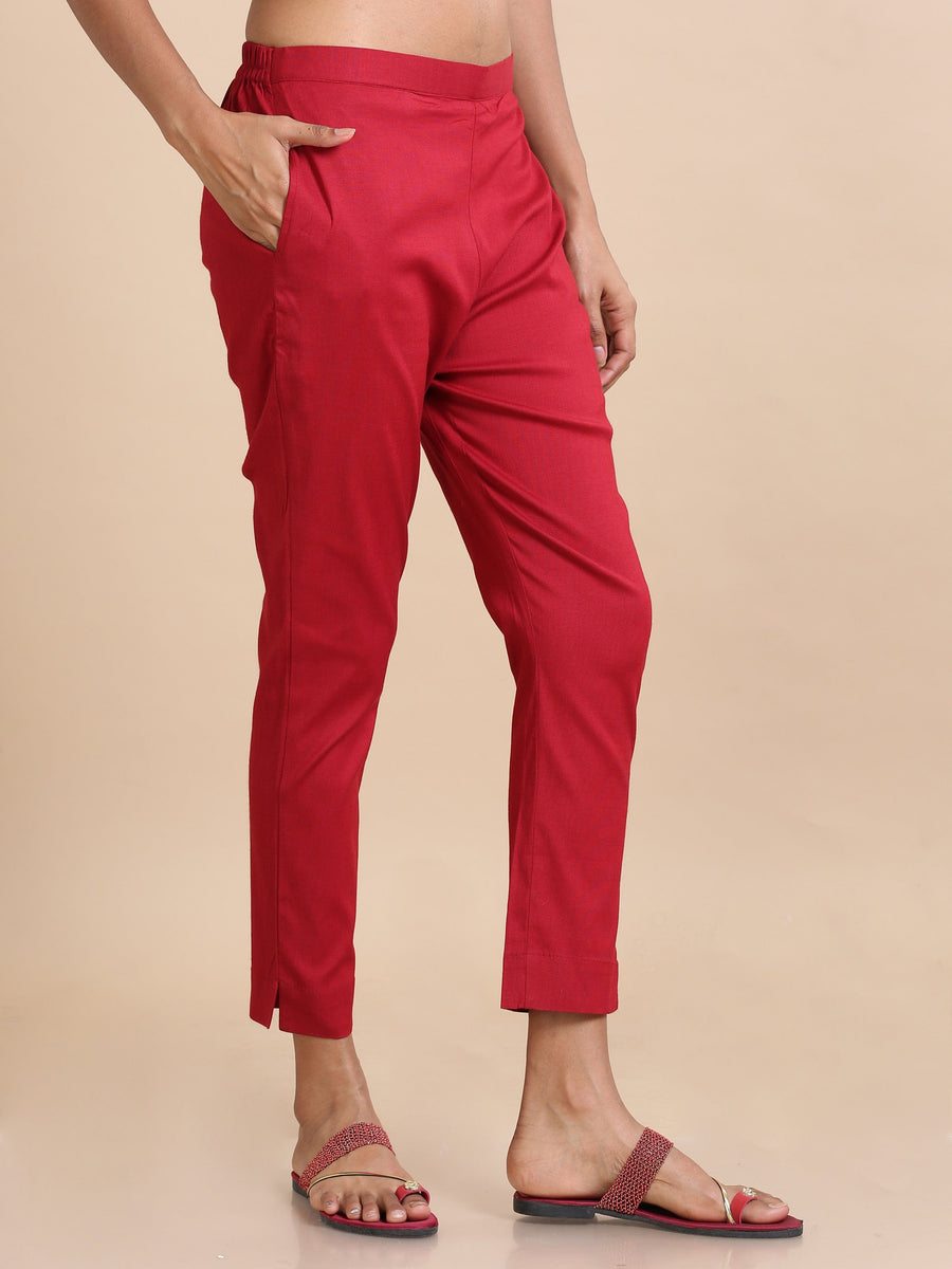 Maroon Cotton Solid Slim fit Ankle length Pants