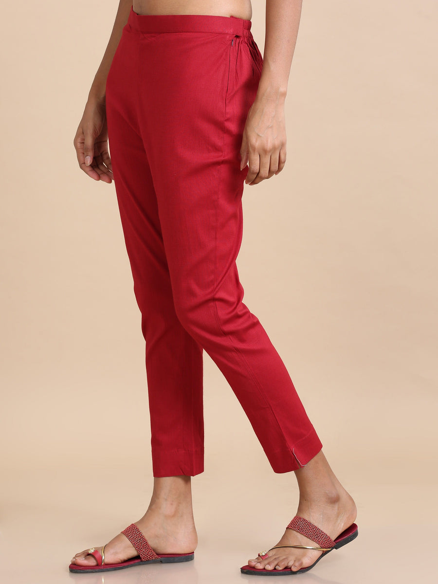 Maroon Cotton Solid Slim fit Ankle length Pants