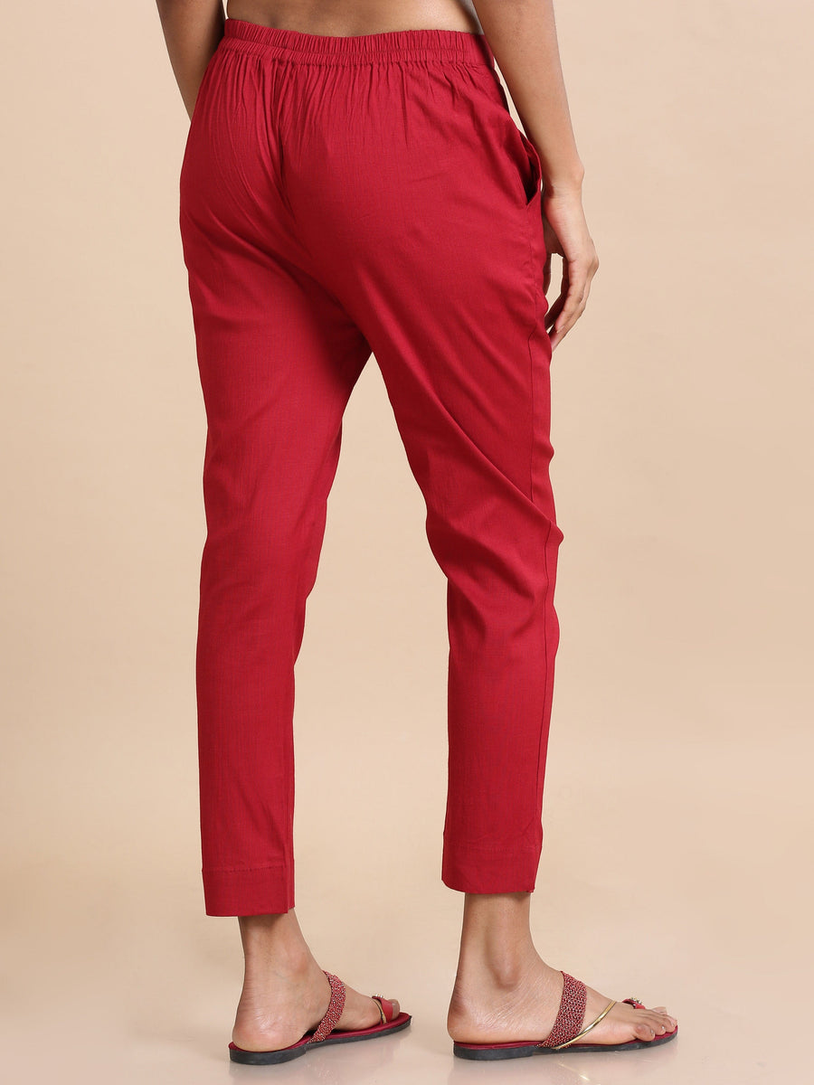 Maroon Cotton Solid Slim fit Ankle length Pants