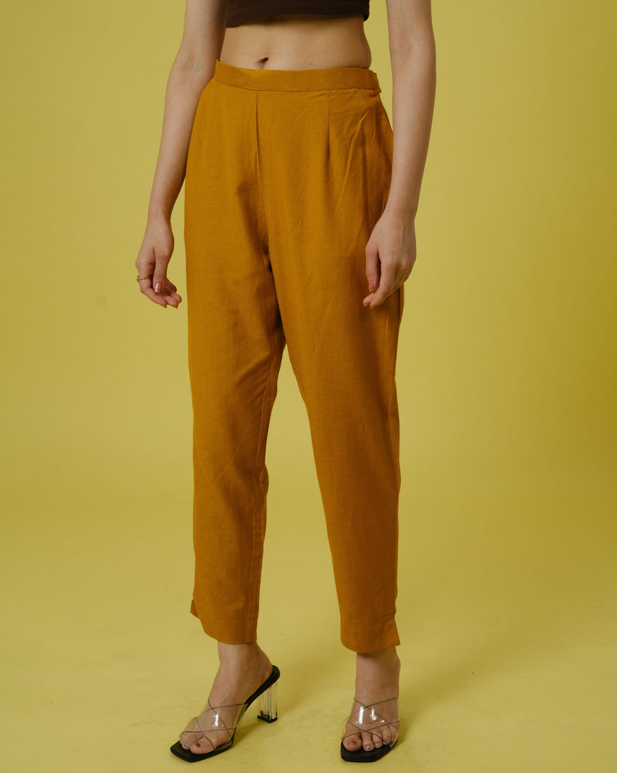 Mustard Cotton Slub Solid Regular Ankle Length Trouser