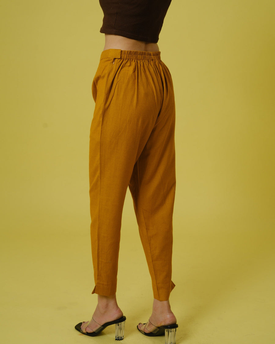 Mustard Cotton Slub Solid Regular Ankle Length Trouser