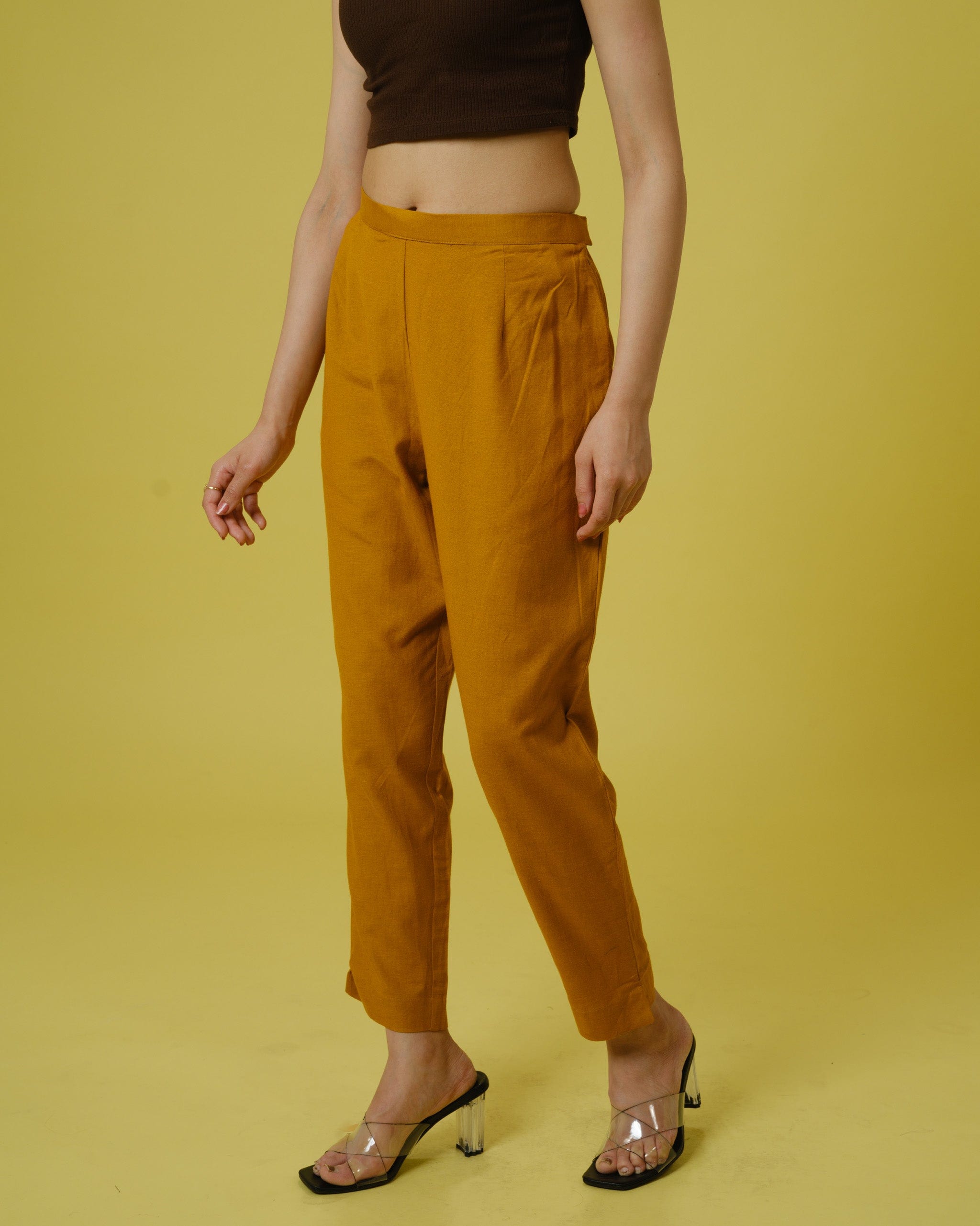 Mustard Cotton Slub Solid Regular Ankle Length Trouser