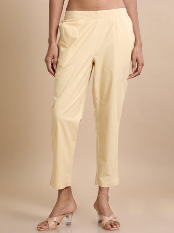 Beige Cotton Solid Regular fit Ankle length Pants