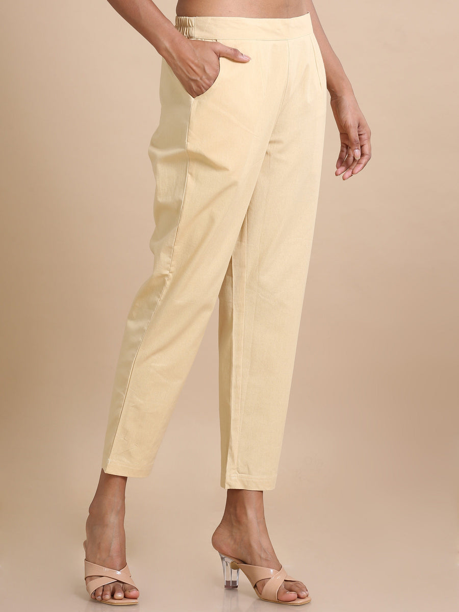 Beige Cotton Solid Regular fit Ankle length Pants