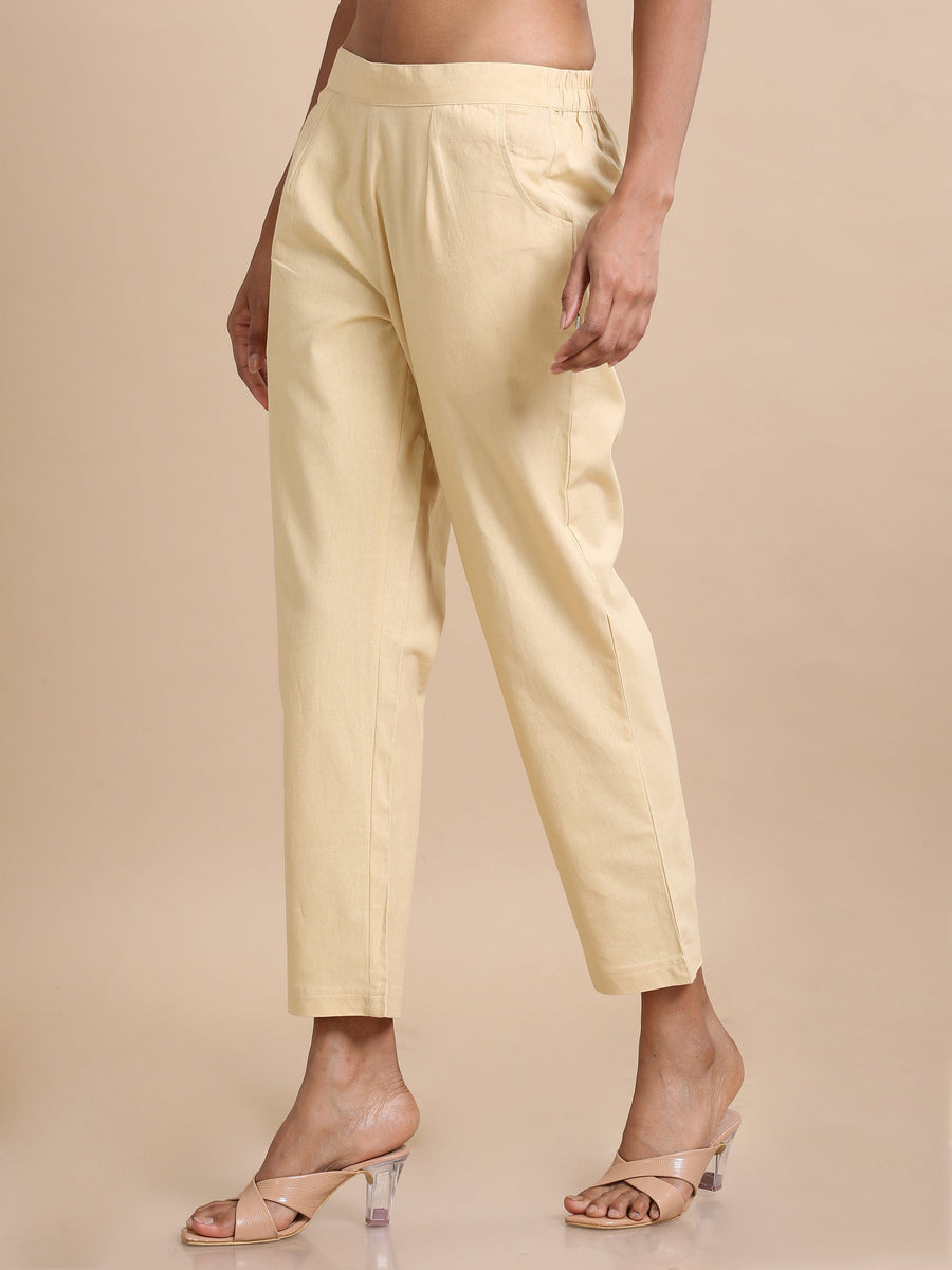 Beige Cotton Solid Regular fit Ankle length Pants