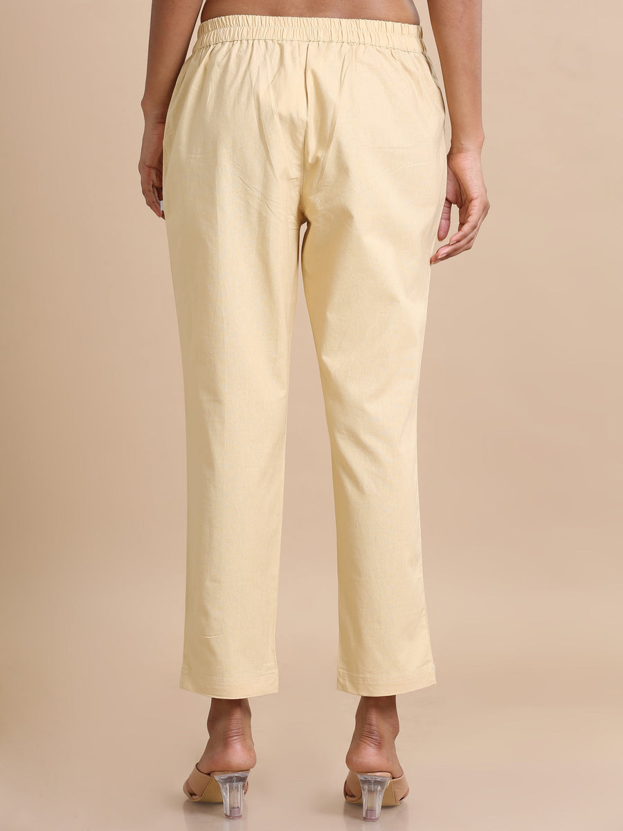 Beige Cotton Solid Regular fit Ankle length Pants