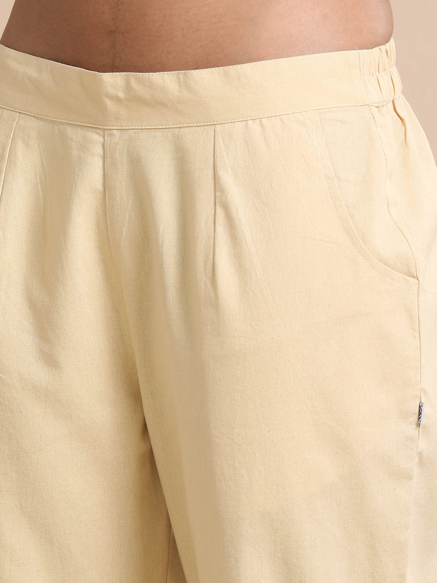 Beige Cotton Solid Regular fit Ankle length Pants