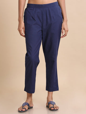 Navy Cotton Solid Regular fit Ankle length Pants