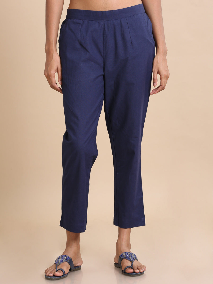 Navy Cotton Solid Regular fit Ankle length Pants