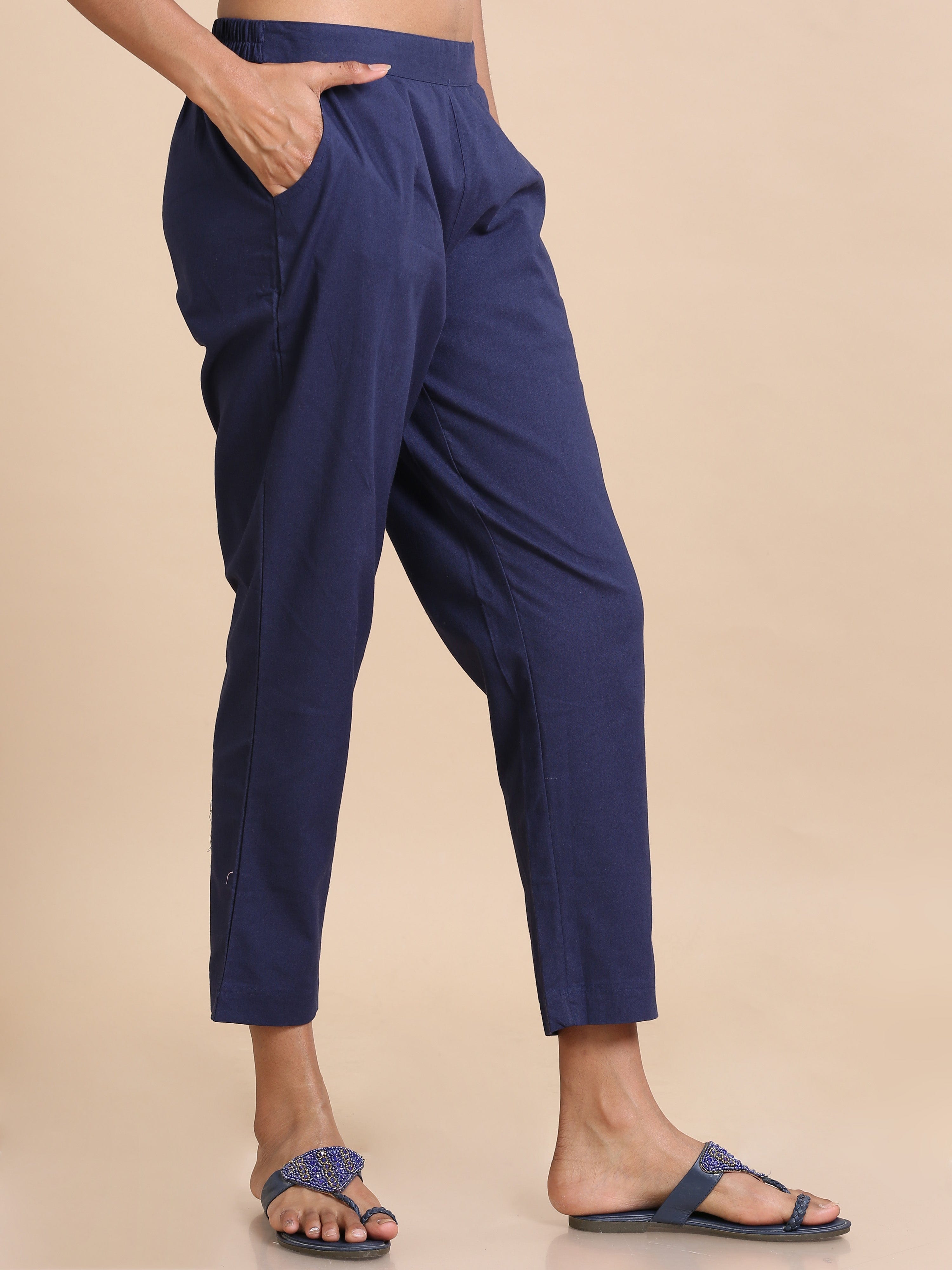 Navy Cotton Solid Regular fit Ankle length Pants