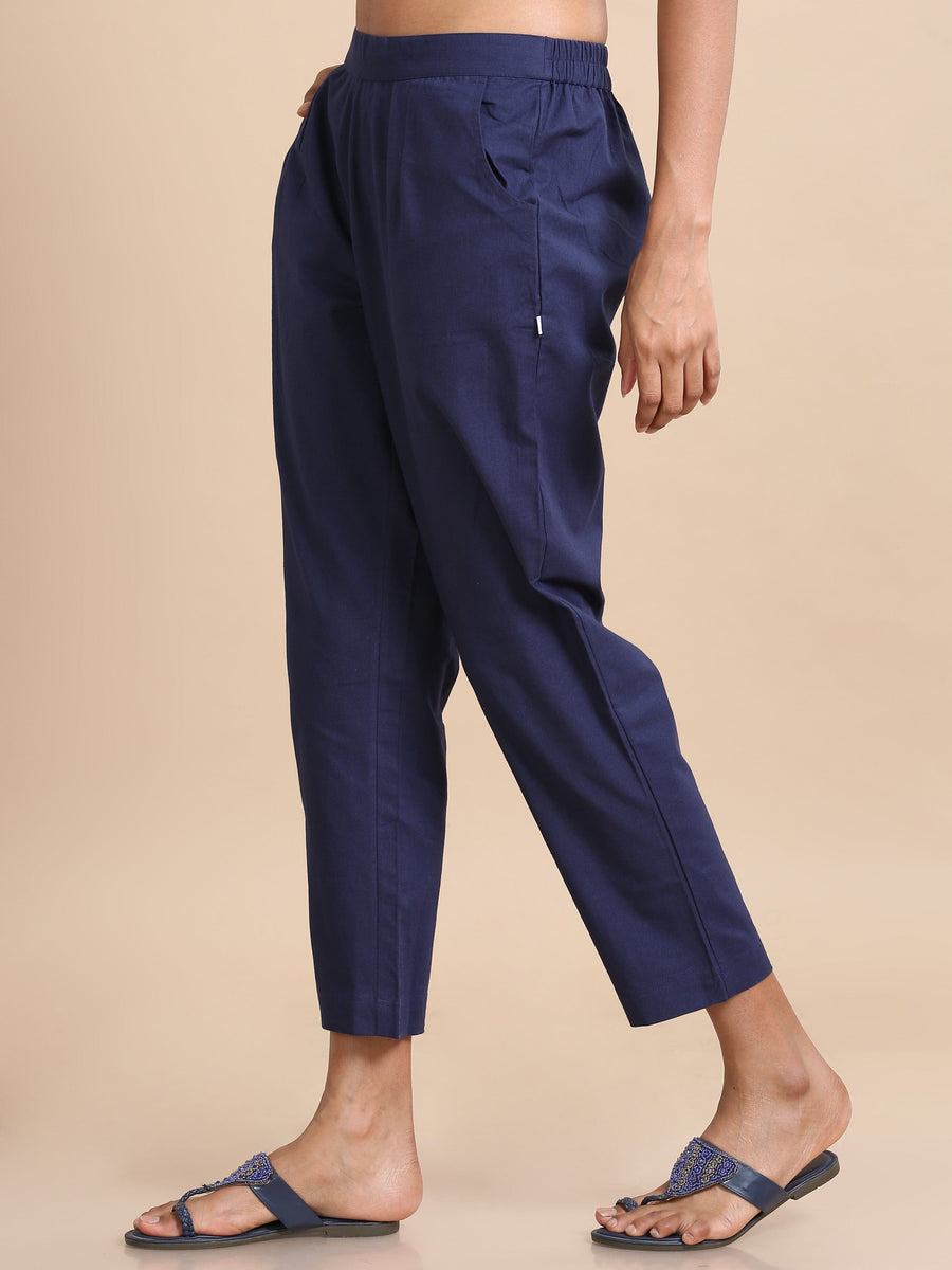 Navy Cotton Solid Regular fit Ankle length Pants