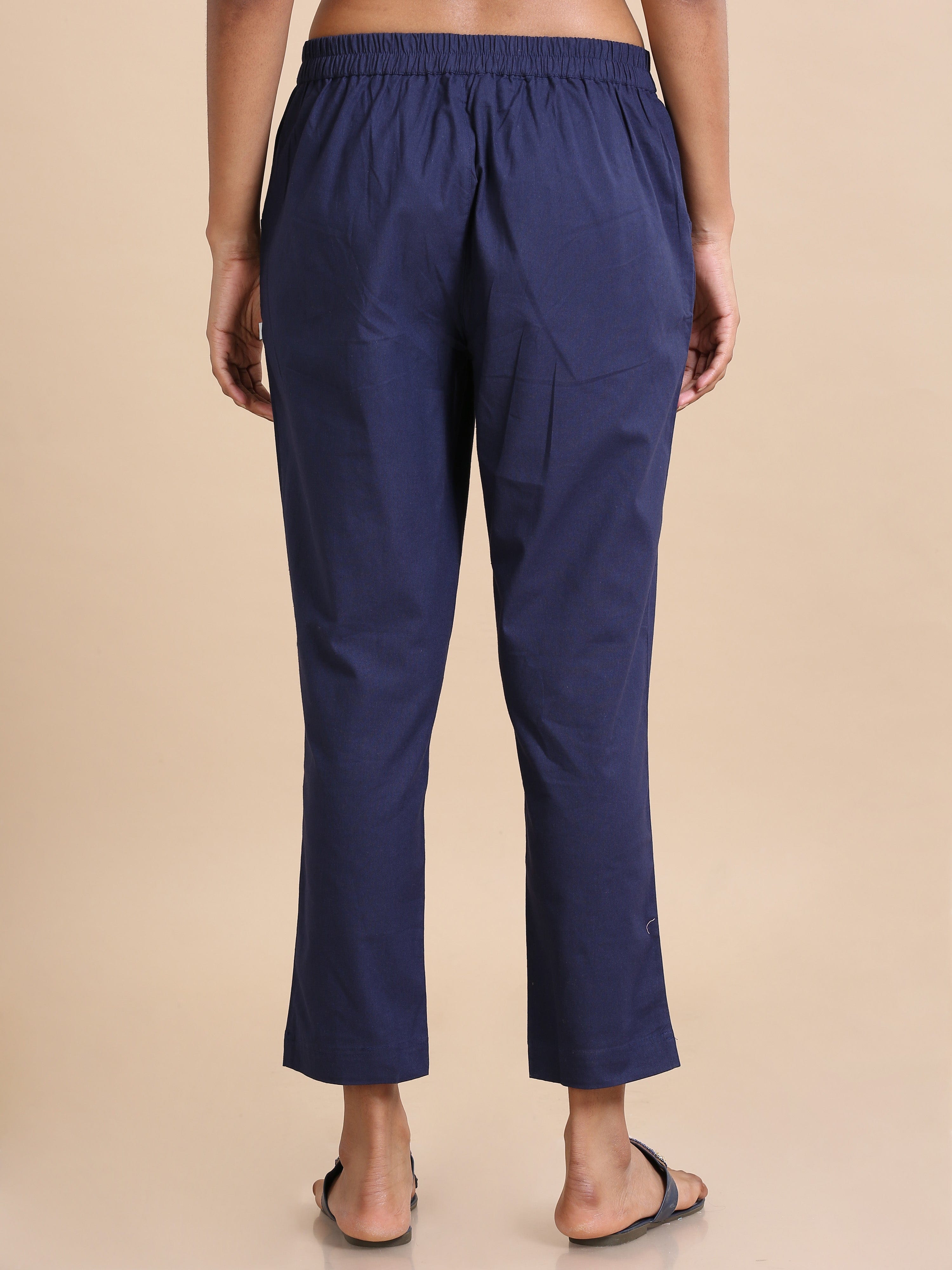 Navy Cotton Solid Regular fit Ankle length Pants