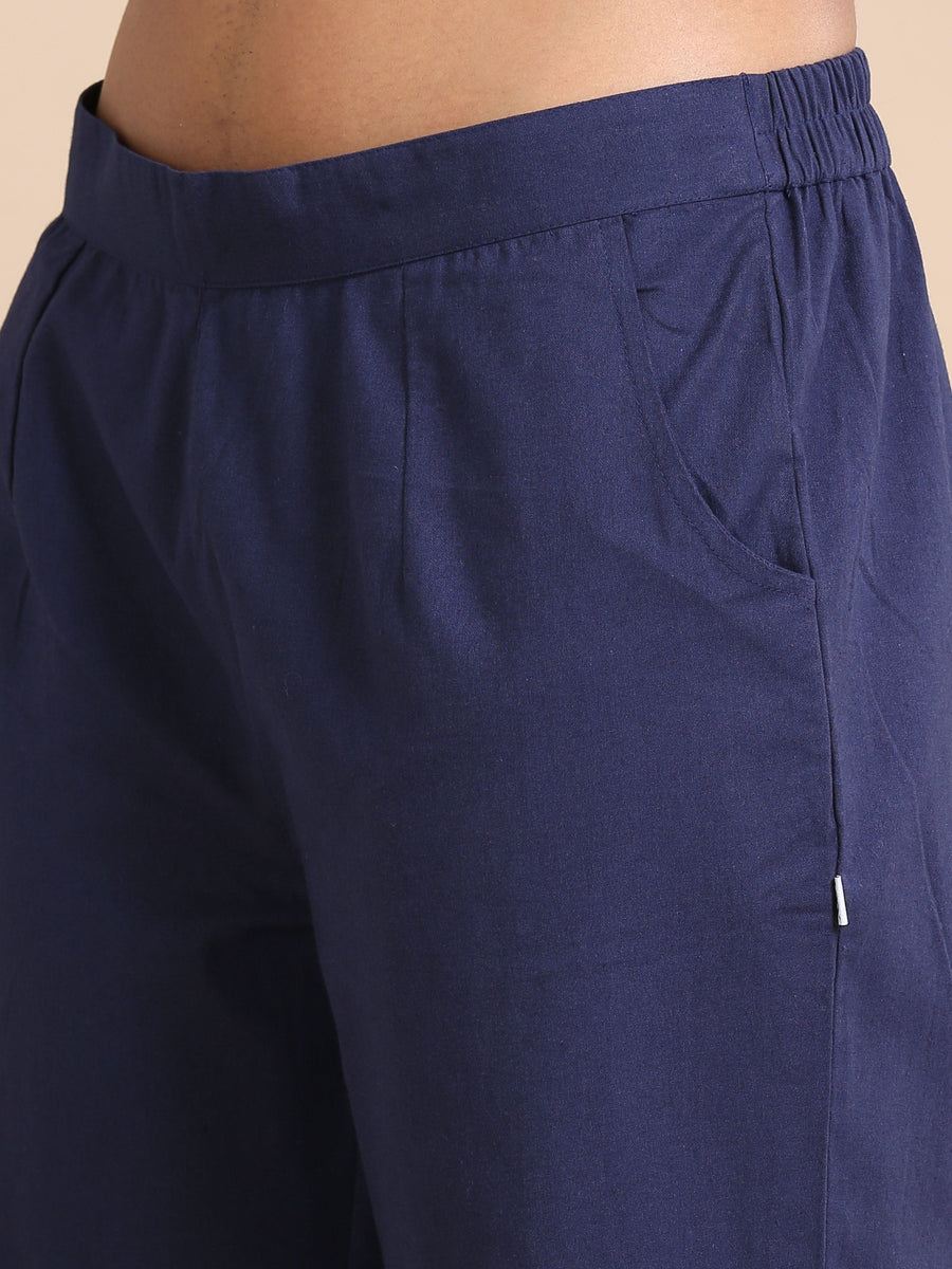 Navy Cotton Solid Regular fit Ankle length Pants