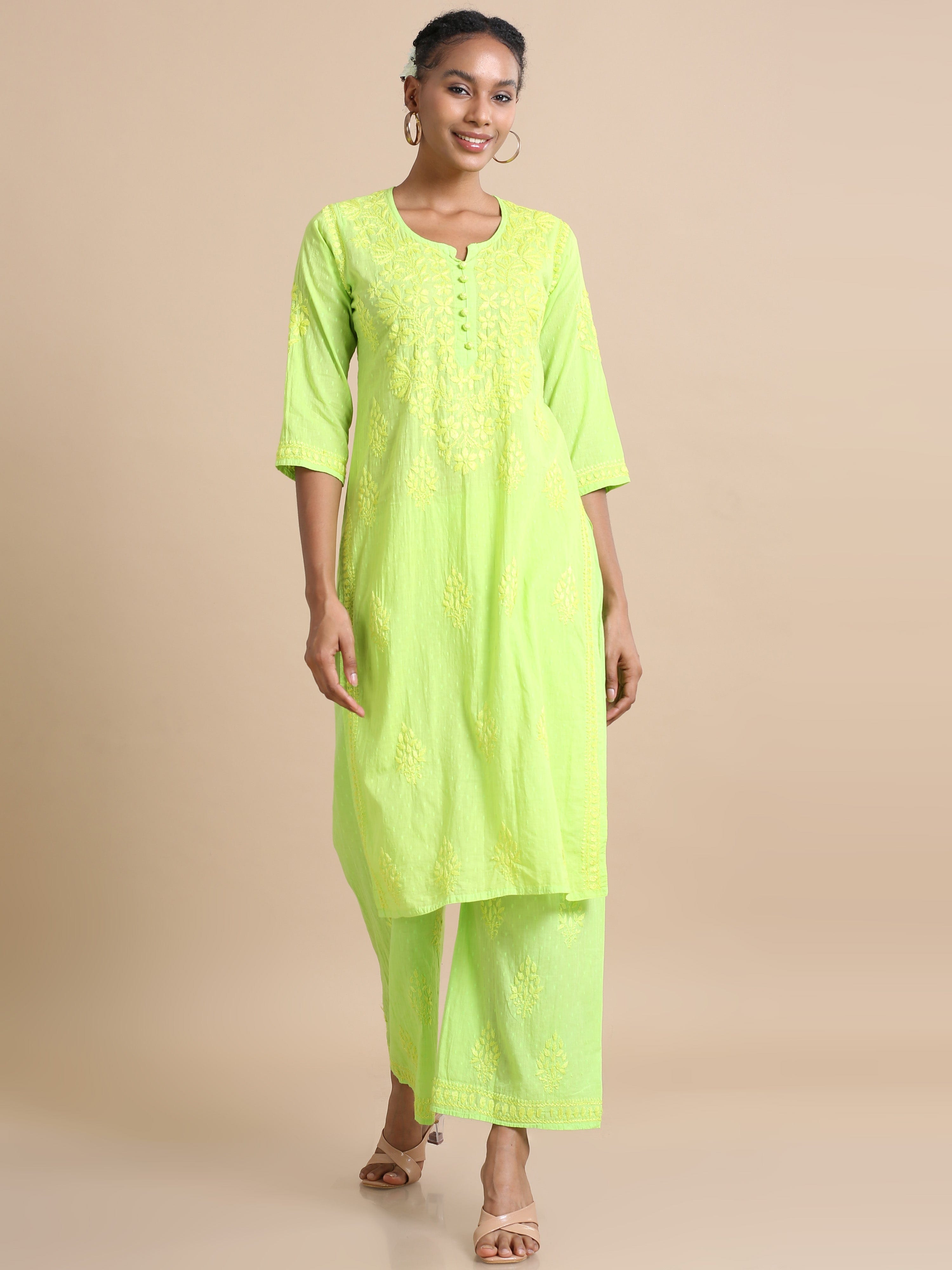 Green 3/4th sleeves Cotton dobby Thread work Regular fit Calf length Kurta Set - Without Dupatta