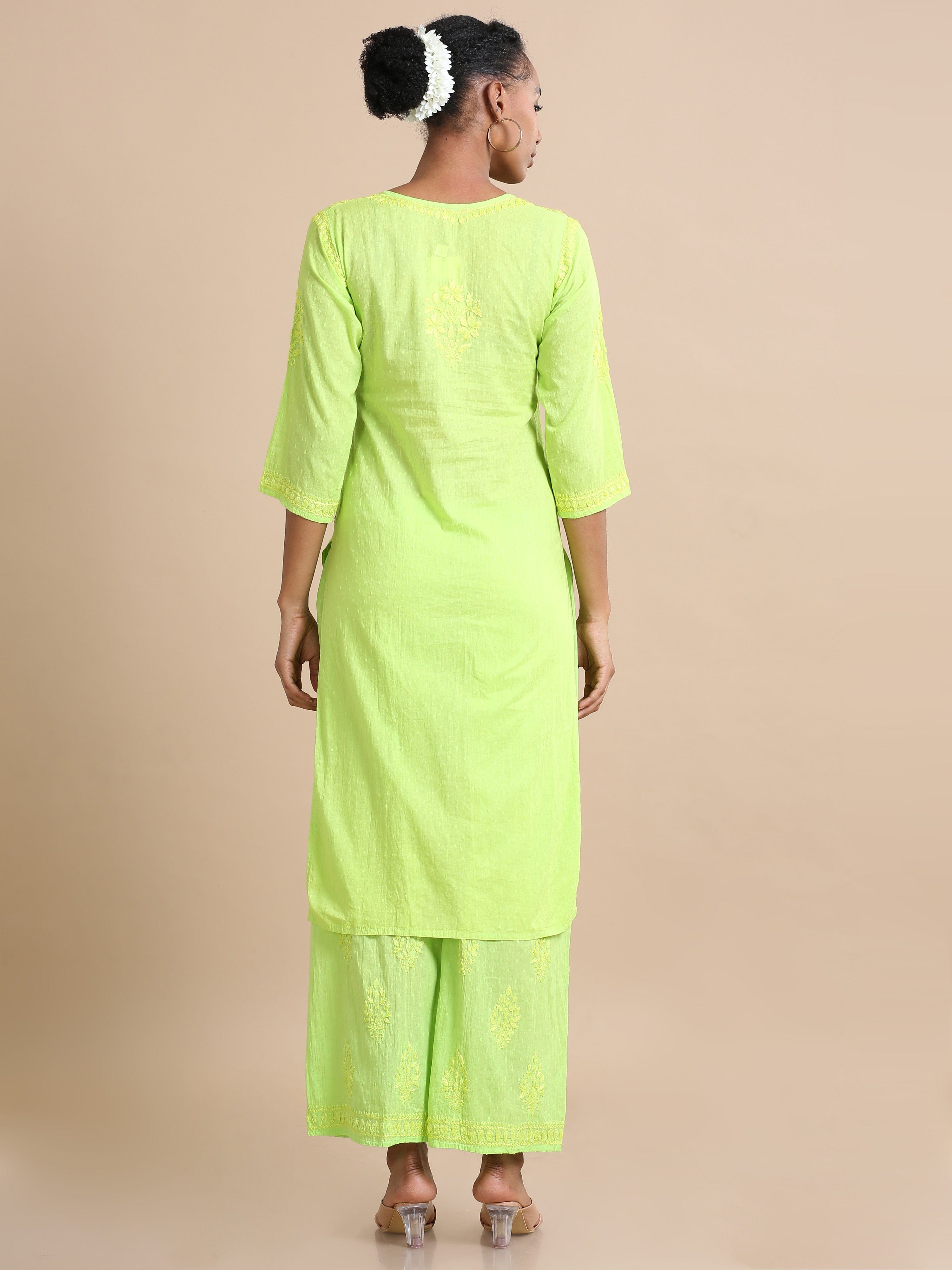 Green 3/4th sleeves Cotton dobby Thread work Regular fit Calf length Kurta Set - Without Dupatta