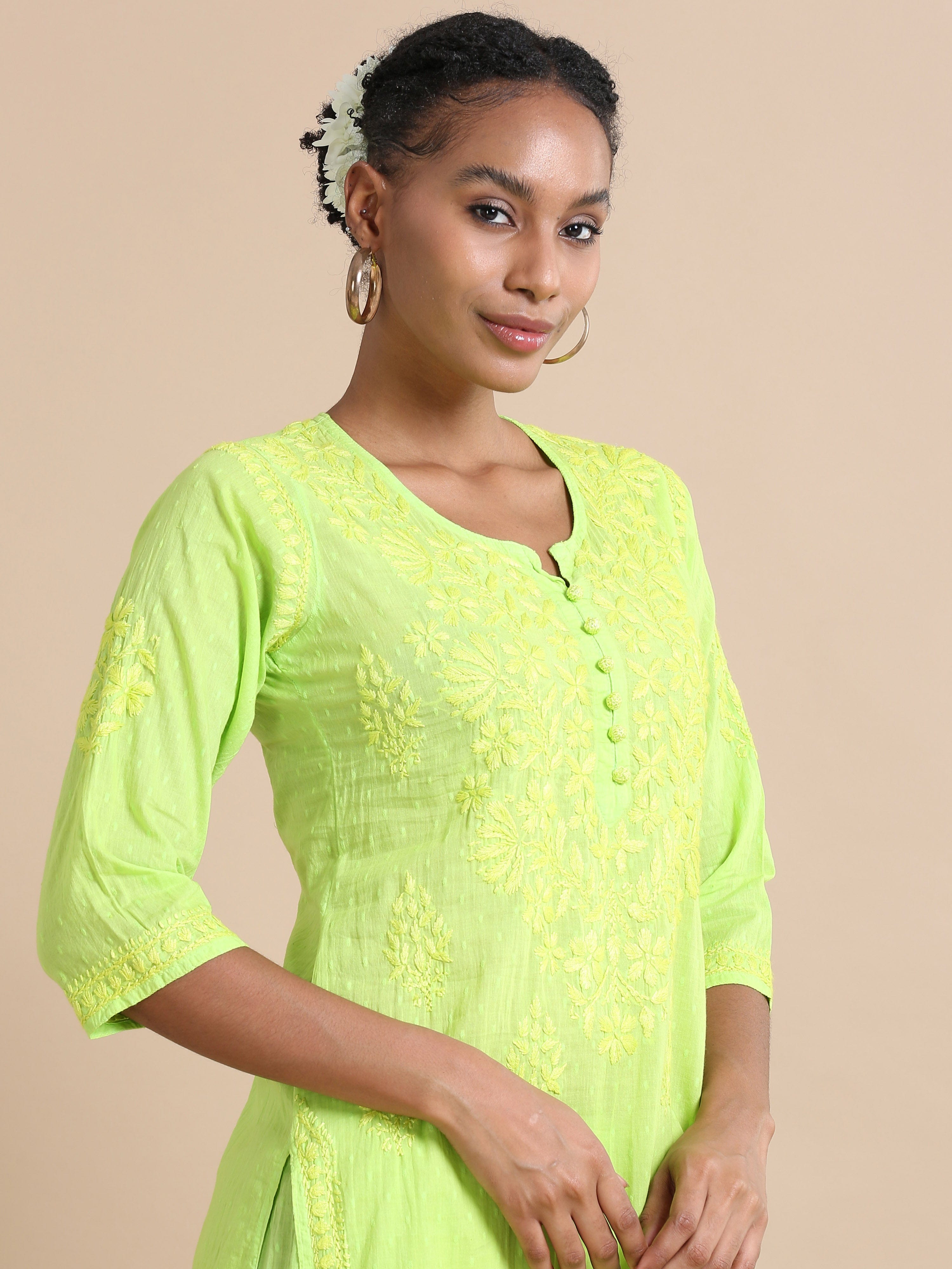 Green 3/4th sleeves Cotton dobby Thread work Regular fit Calf length Kurta Set - Without Dupatta