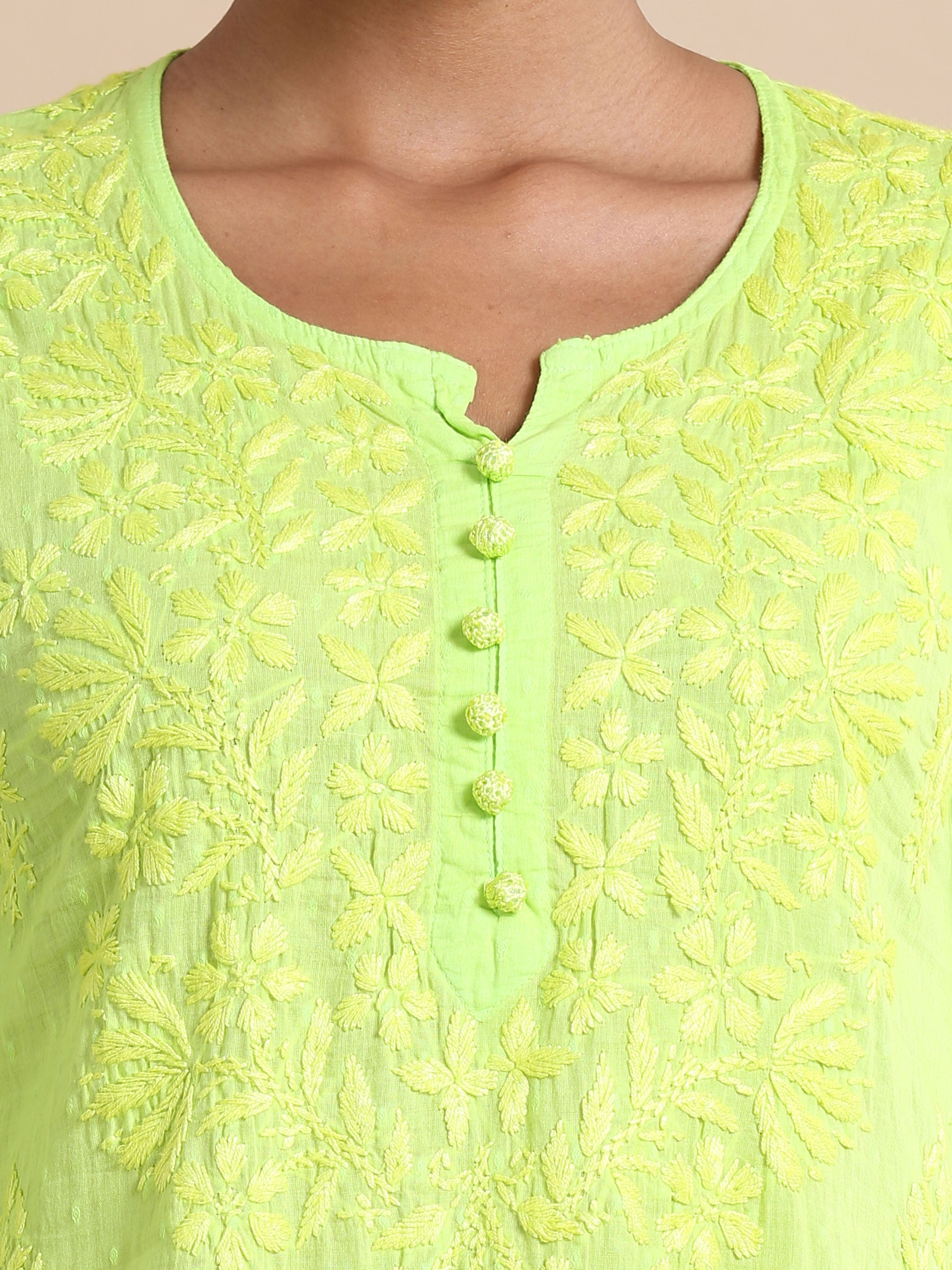 Green 3/4th sleeves Cotton dobby Thread work Regular fit Calf length Kurta Set - Without Dupatta