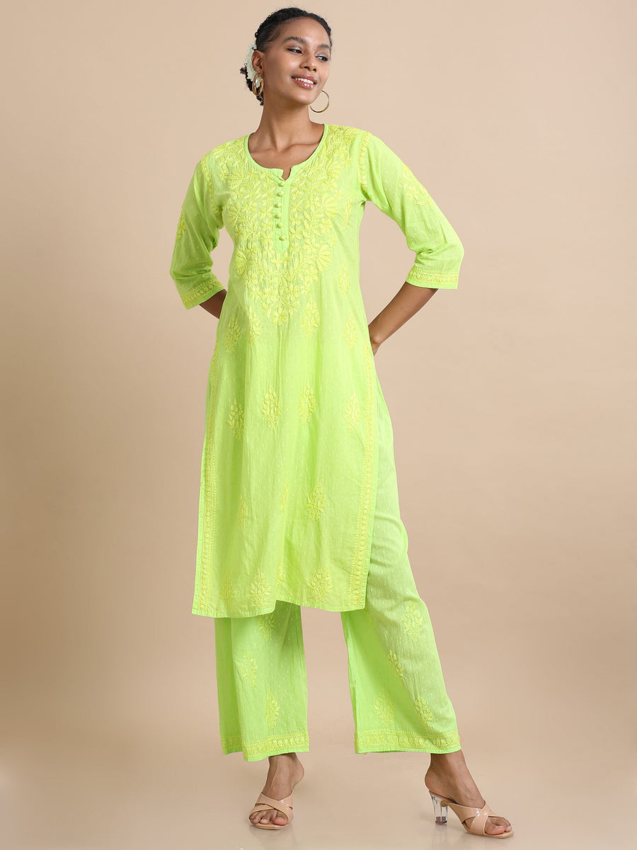 Green 3/4th sleeves Cotton dobby Thread work Regular fit Calf length Kurta Set - Without Dupatta