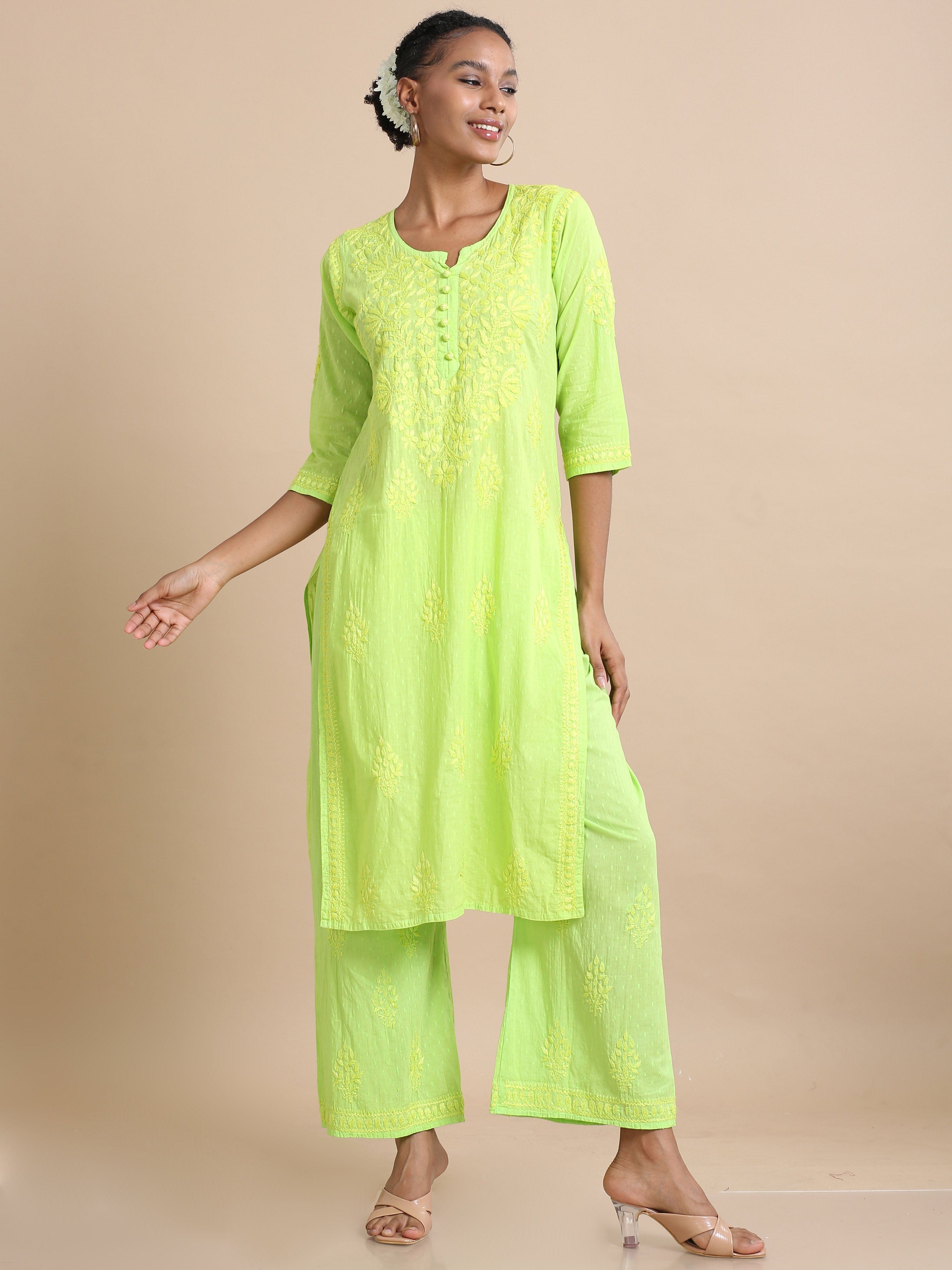 Green 3/4th sleeves Cotton dobby Thread work Regular fit Calf length Kurta Set - Without Dupatta