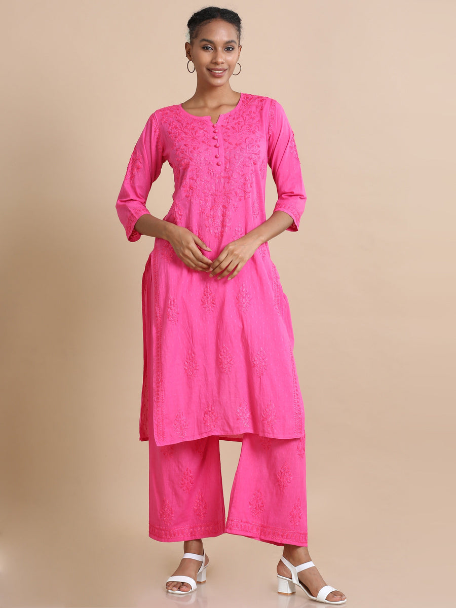 Pink 3/4th sleeves Cotton dobby Thread work Regular fit Calf length Kurta Set - Without Dupatta