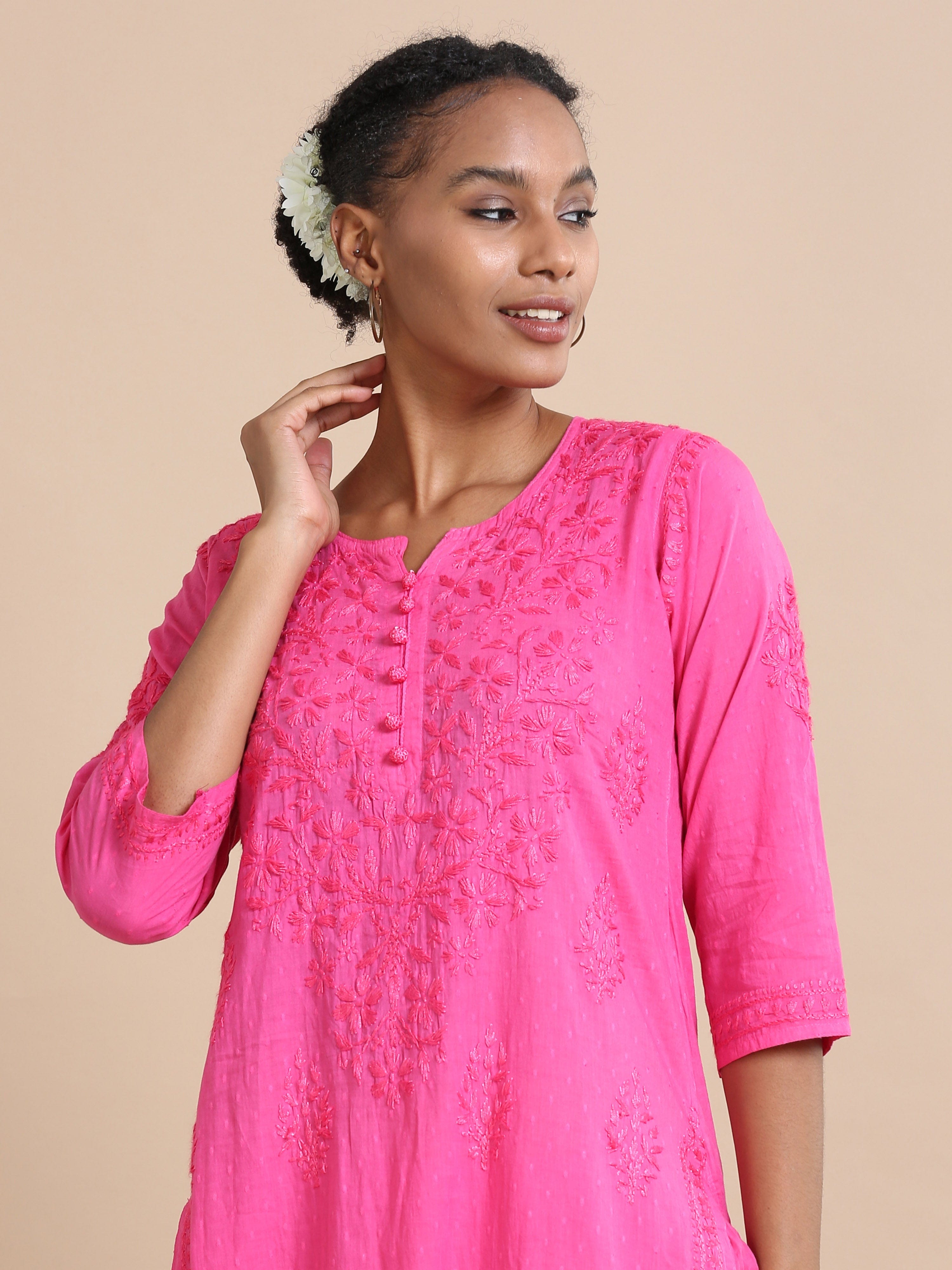 Pink 3/4th sleeves Cotton dobby Thread work Regular fit Calf length Kurta Set - Without Dupatta