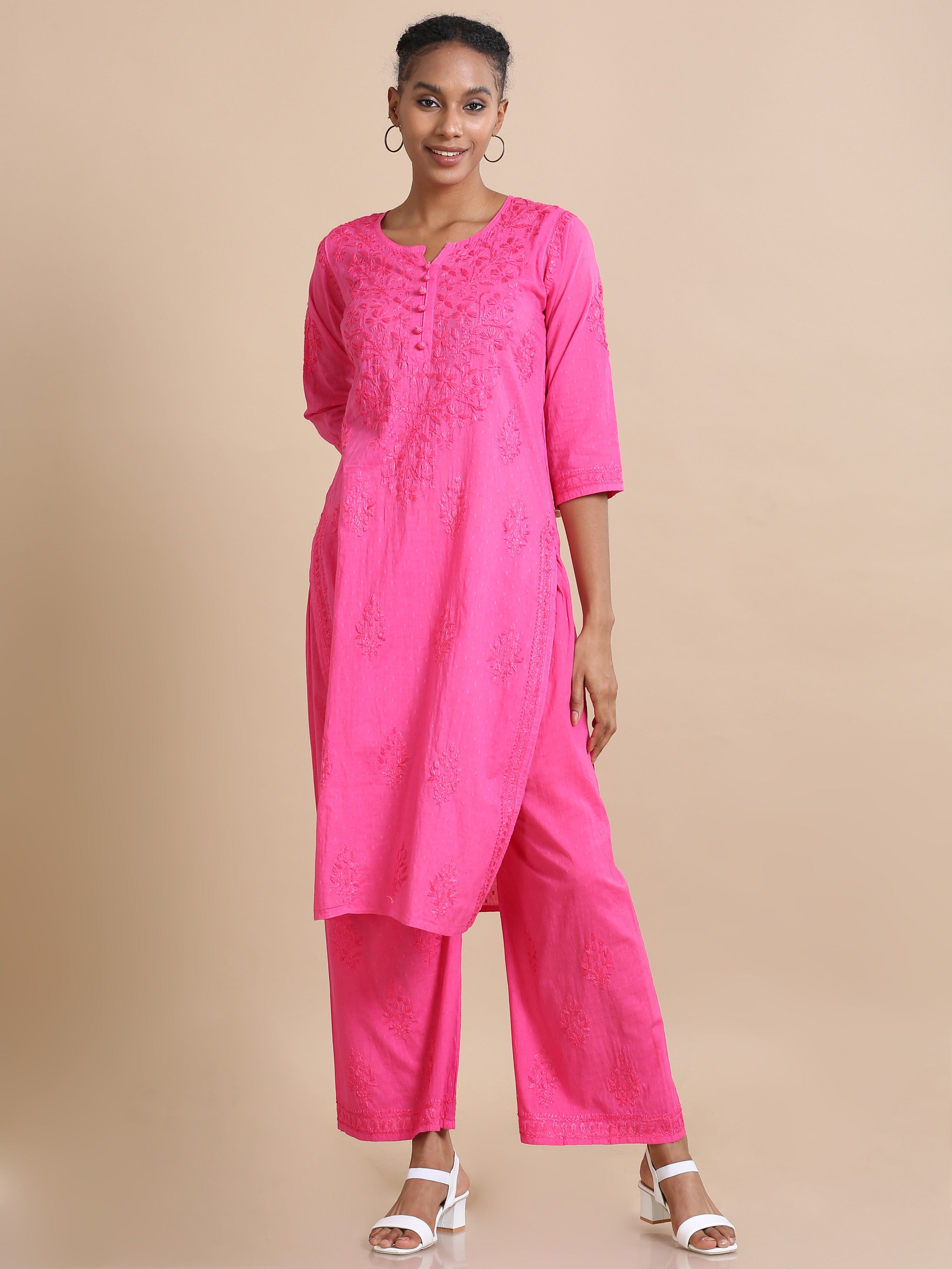 Pink 3/4th sleeves Cotton dobby Thread work Regular fit Calf length Kurta Set - Without Dupatta