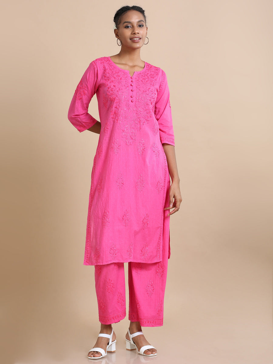 Pink 3/4th sleeves Cotton dobby Thread work Regular fit Calf length Kurta Set - Without Dupatta