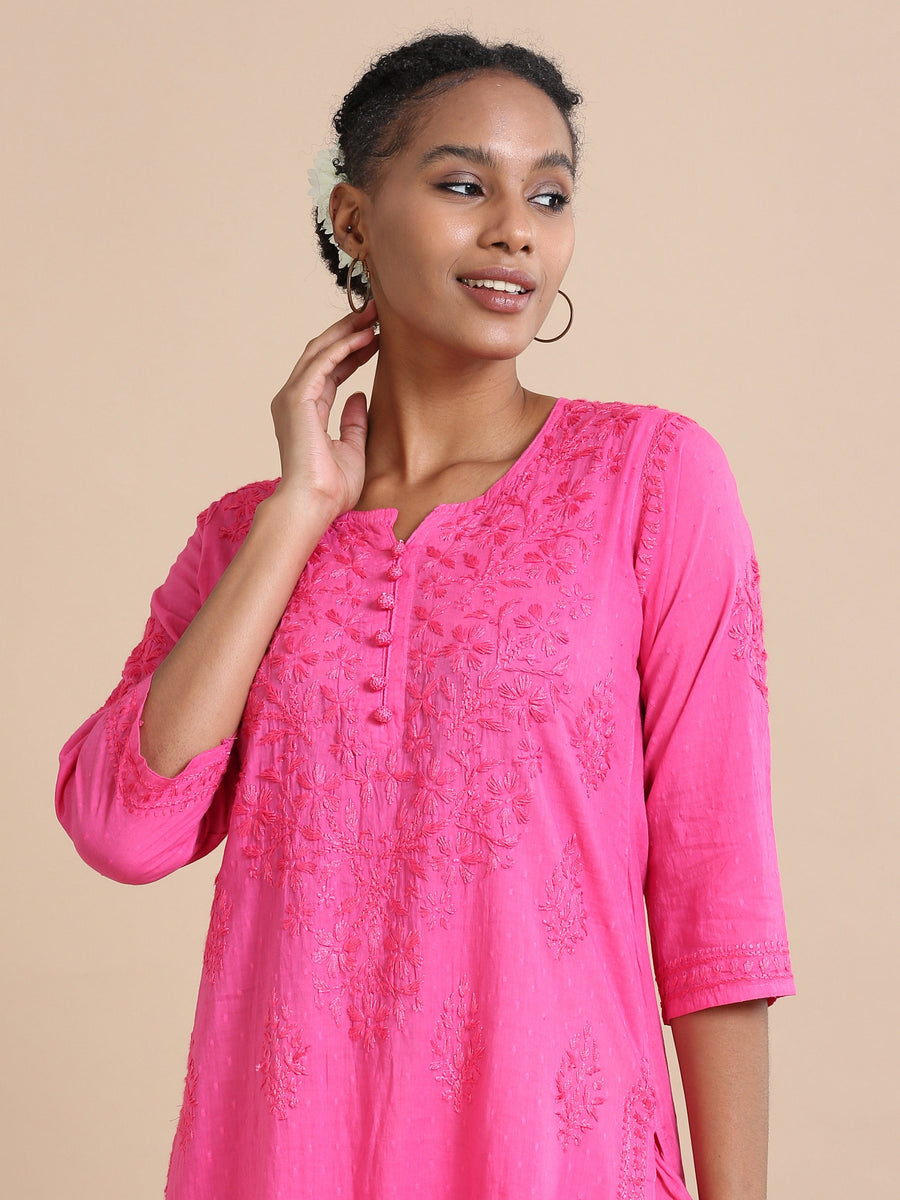 Pink 3/4th sleeves Cotton dobby Thread work Regular fit Calf length Kurta Set - Without Dupatta