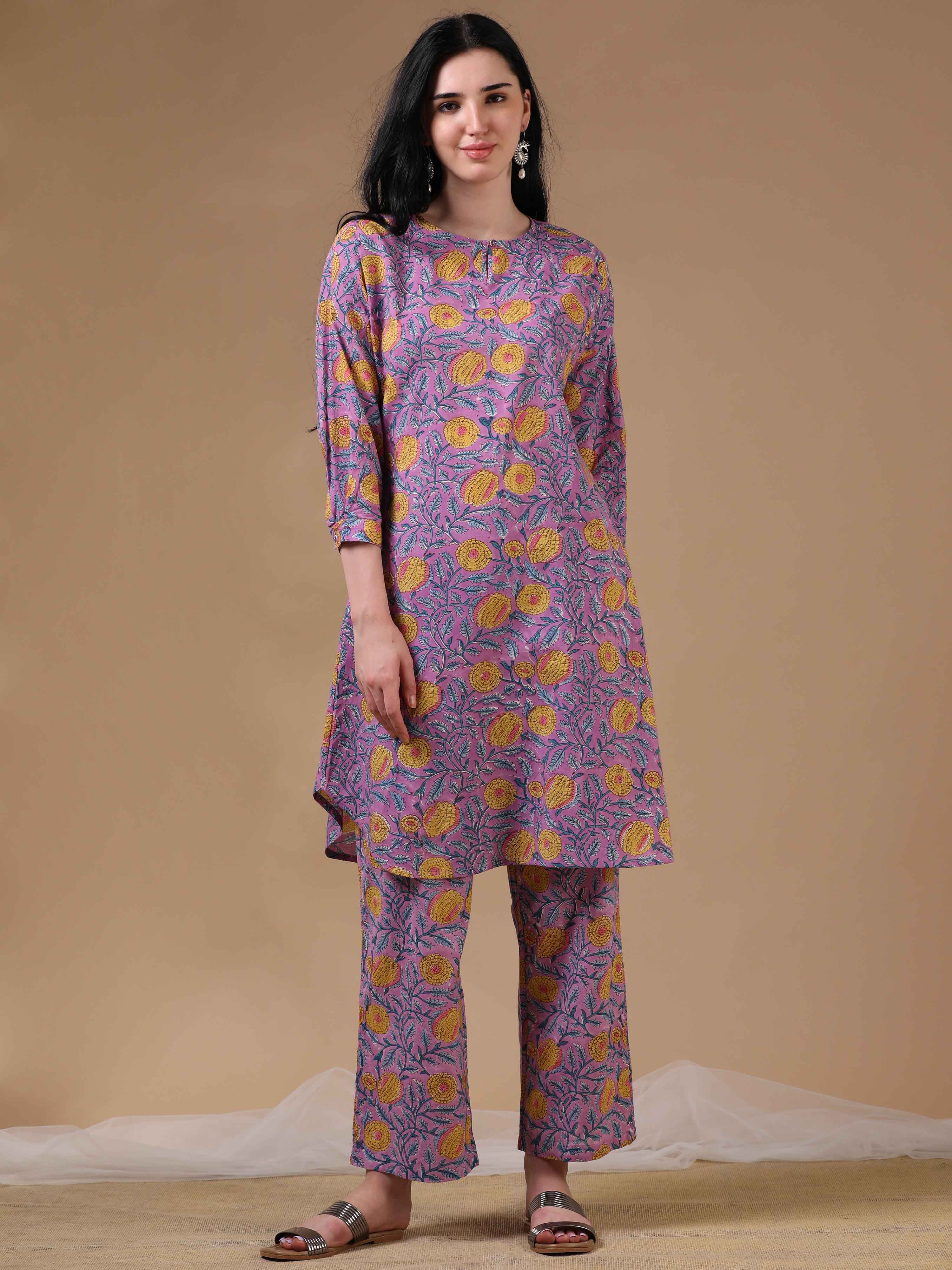 Purple 3/4th Sleeves Casual Wear Co-ords