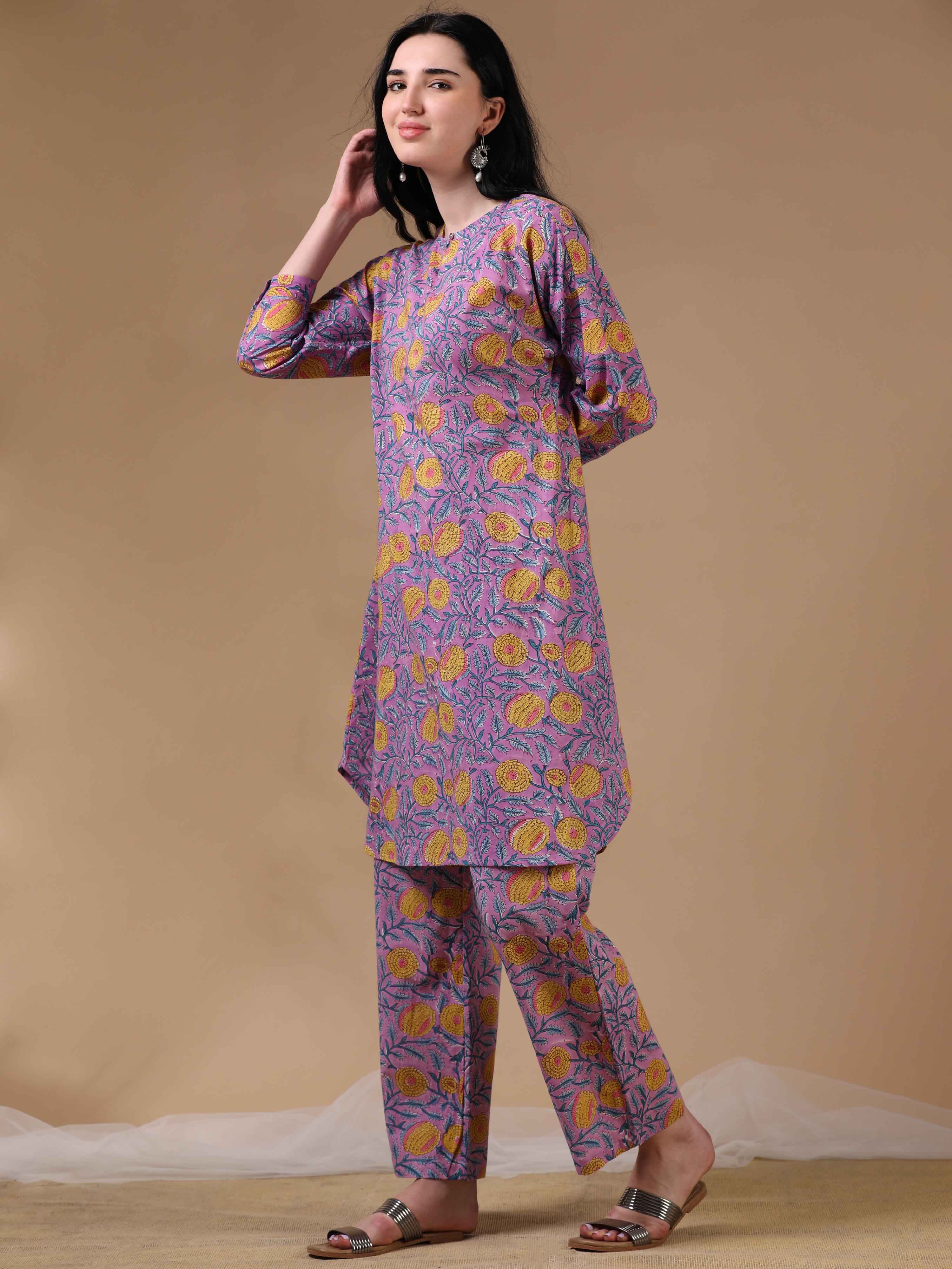 Purple 3/4th Sleeves Casual Wear Co-ords