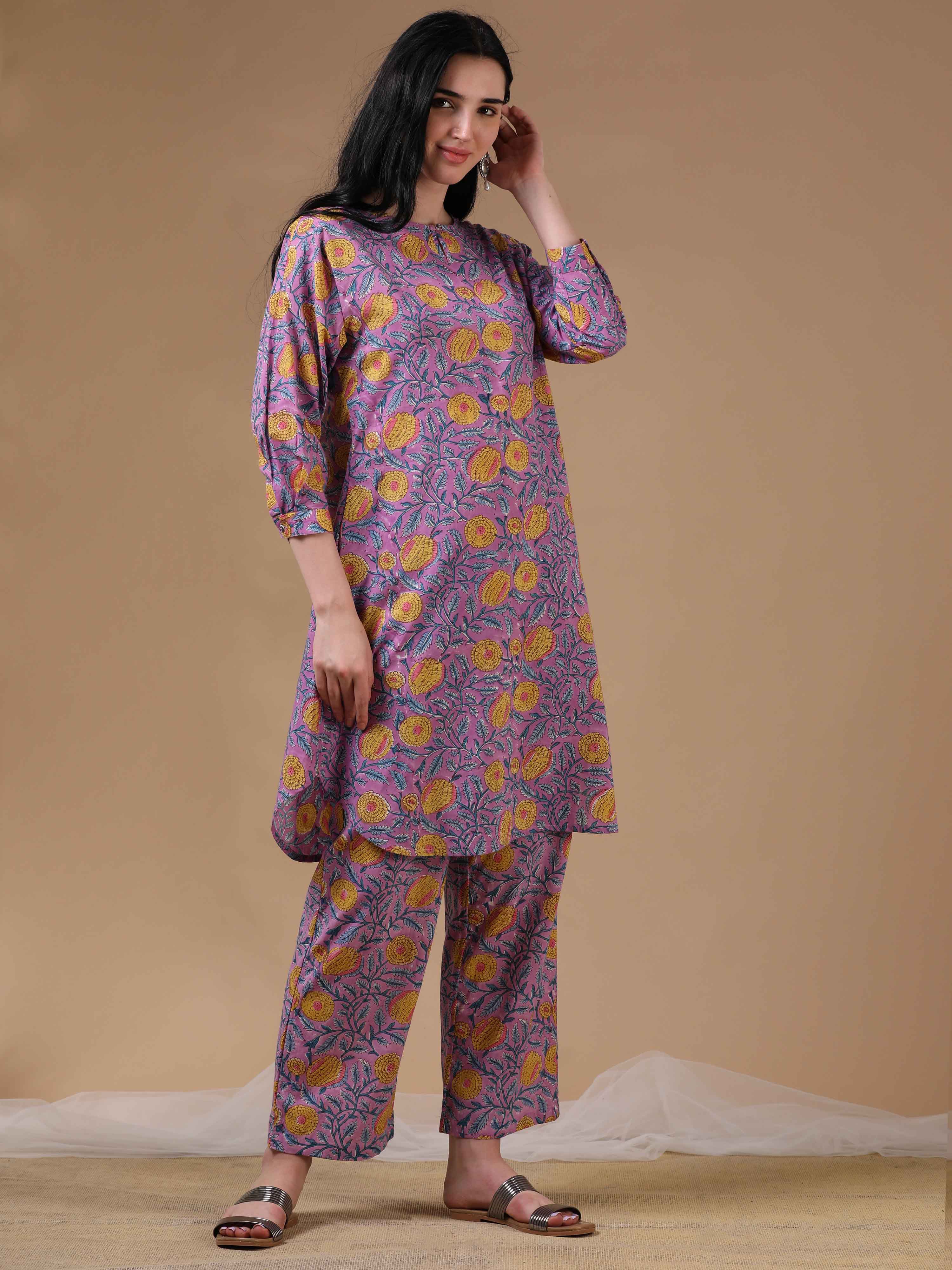 Purple 3/4th Sleeves Casual Wear Co-ords