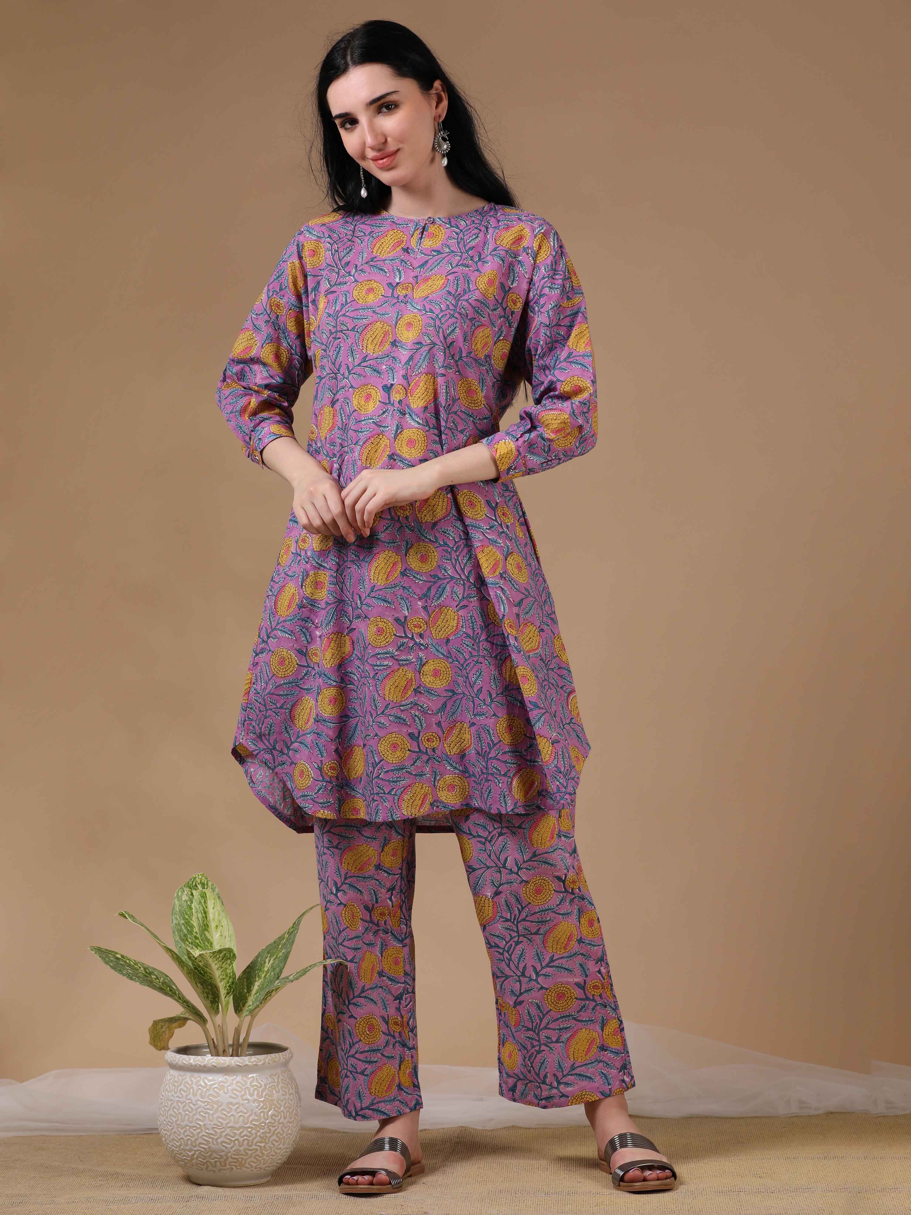 Purple 3/4th Sleeves Casual Wear Co-ords