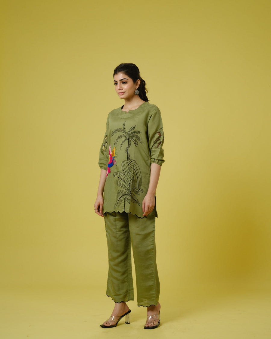 Olive 3/4th Sleeves Cotton Chanderi Tropical, Thread Work Hip Length Co-Ords