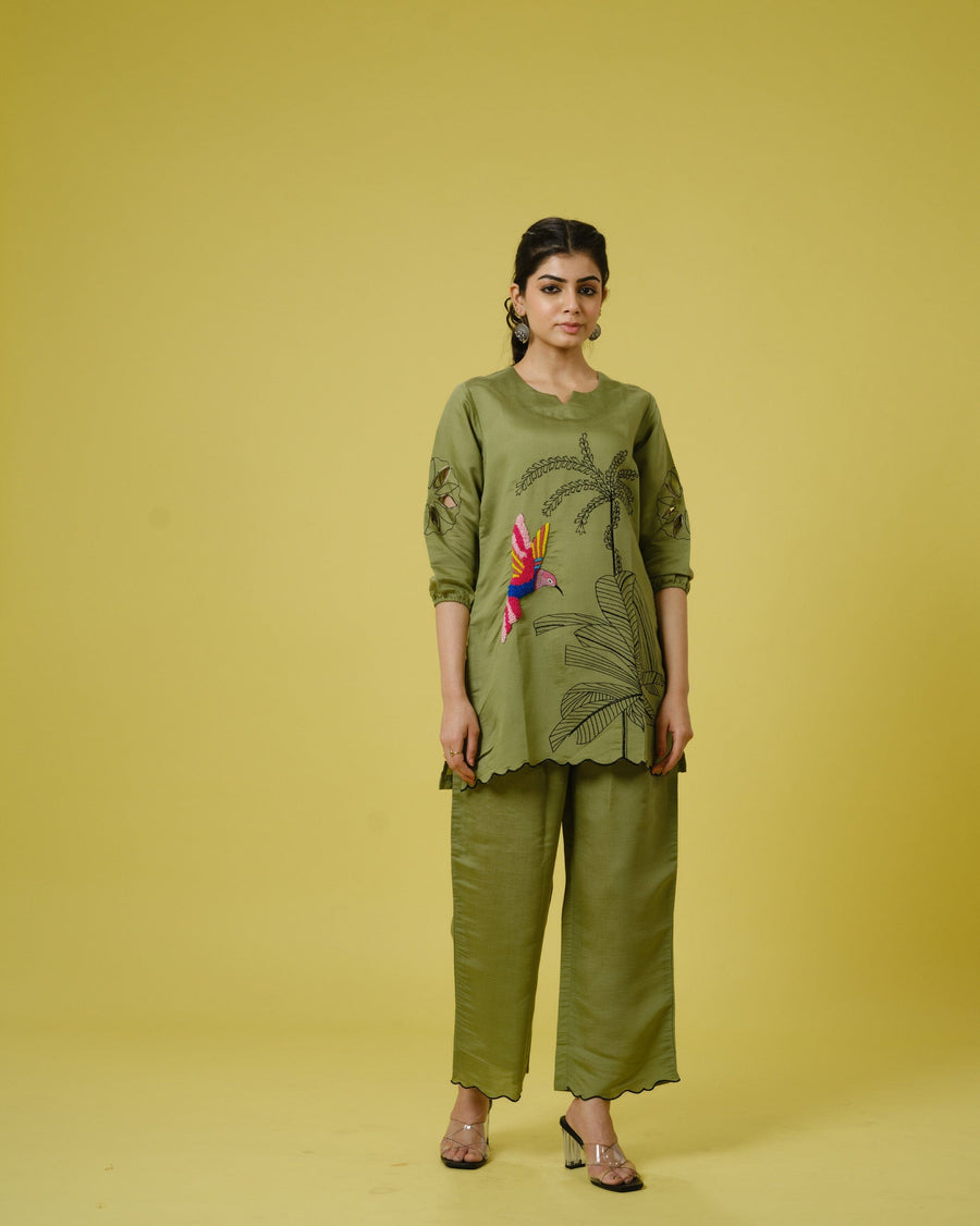 Olive 3/4th Sleeves Cotton Chanderi Tropical, Thread Work Hip Length Co-Ords