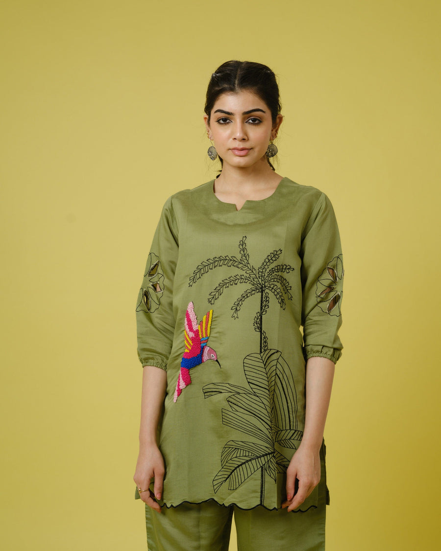 Olive 3/4th Sleeves Cotton Chanderi Tropical, Thread Work Hip Length Co-Ords