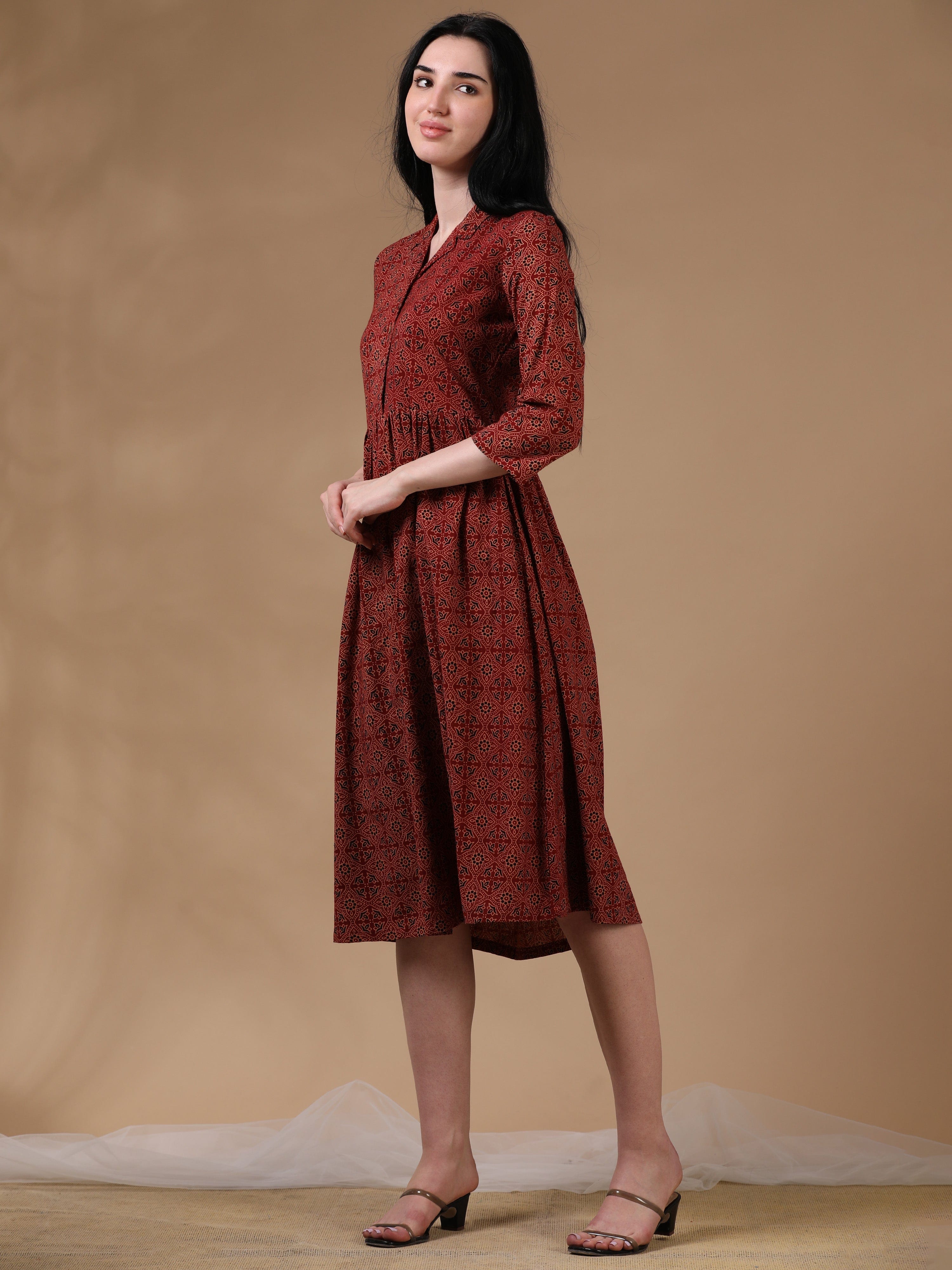 Maroon 3/4th Regular Sleeves Casual Wear Dress