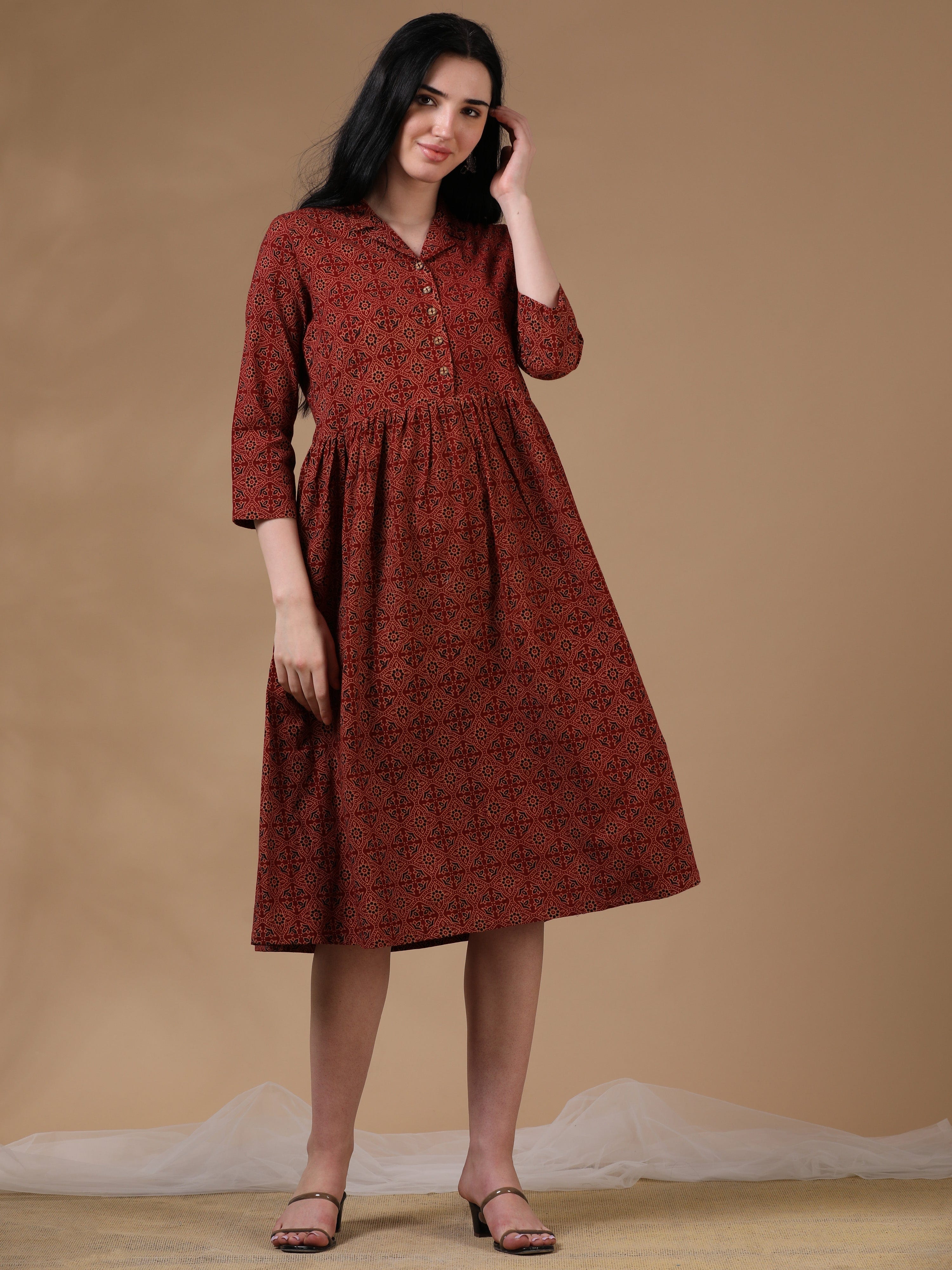 Maroon 3/4th Regular Sleeves Casual Wear Dress