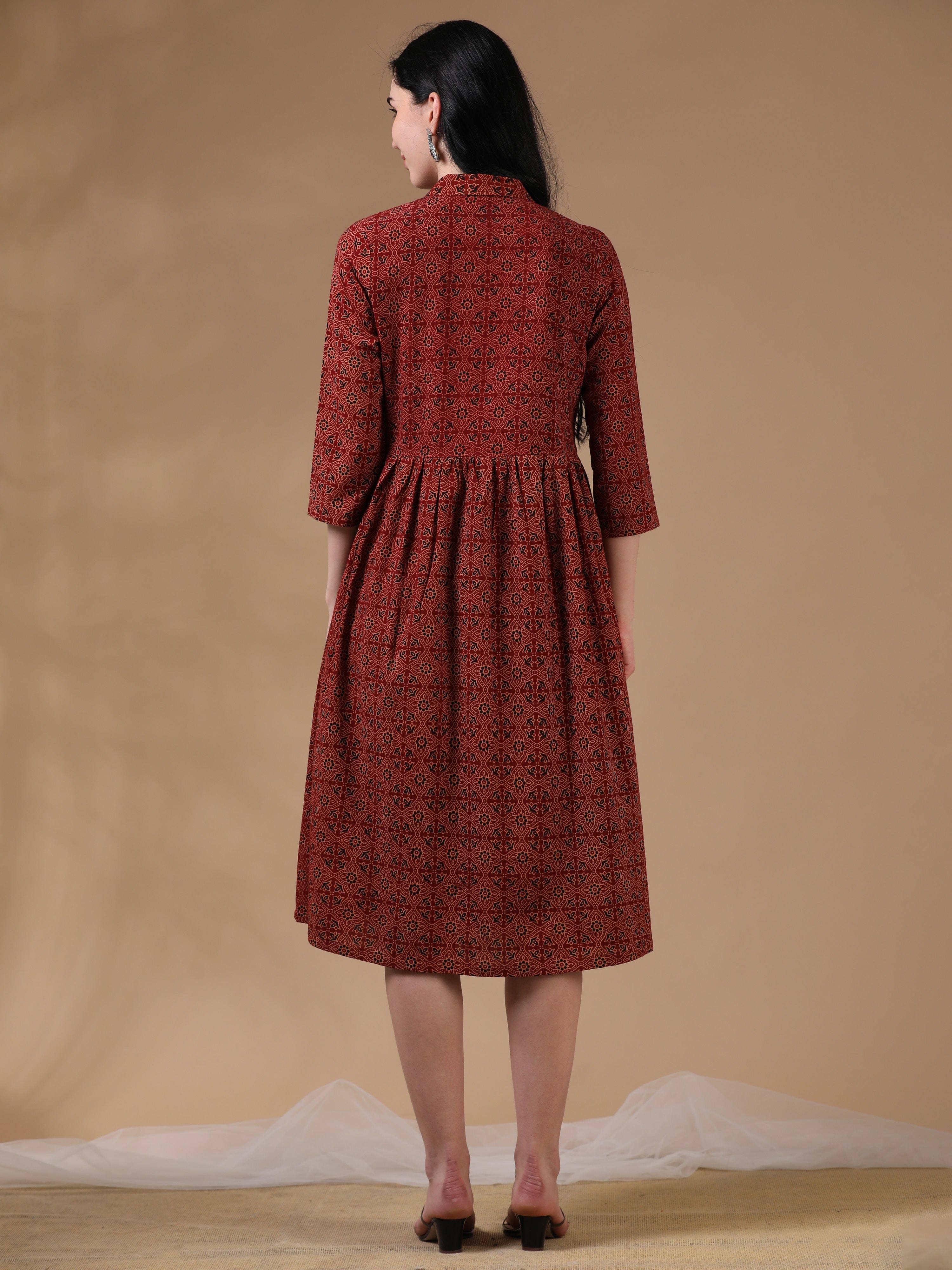 Maroon 3/4th Regular Sleeves Casual Wear Dress