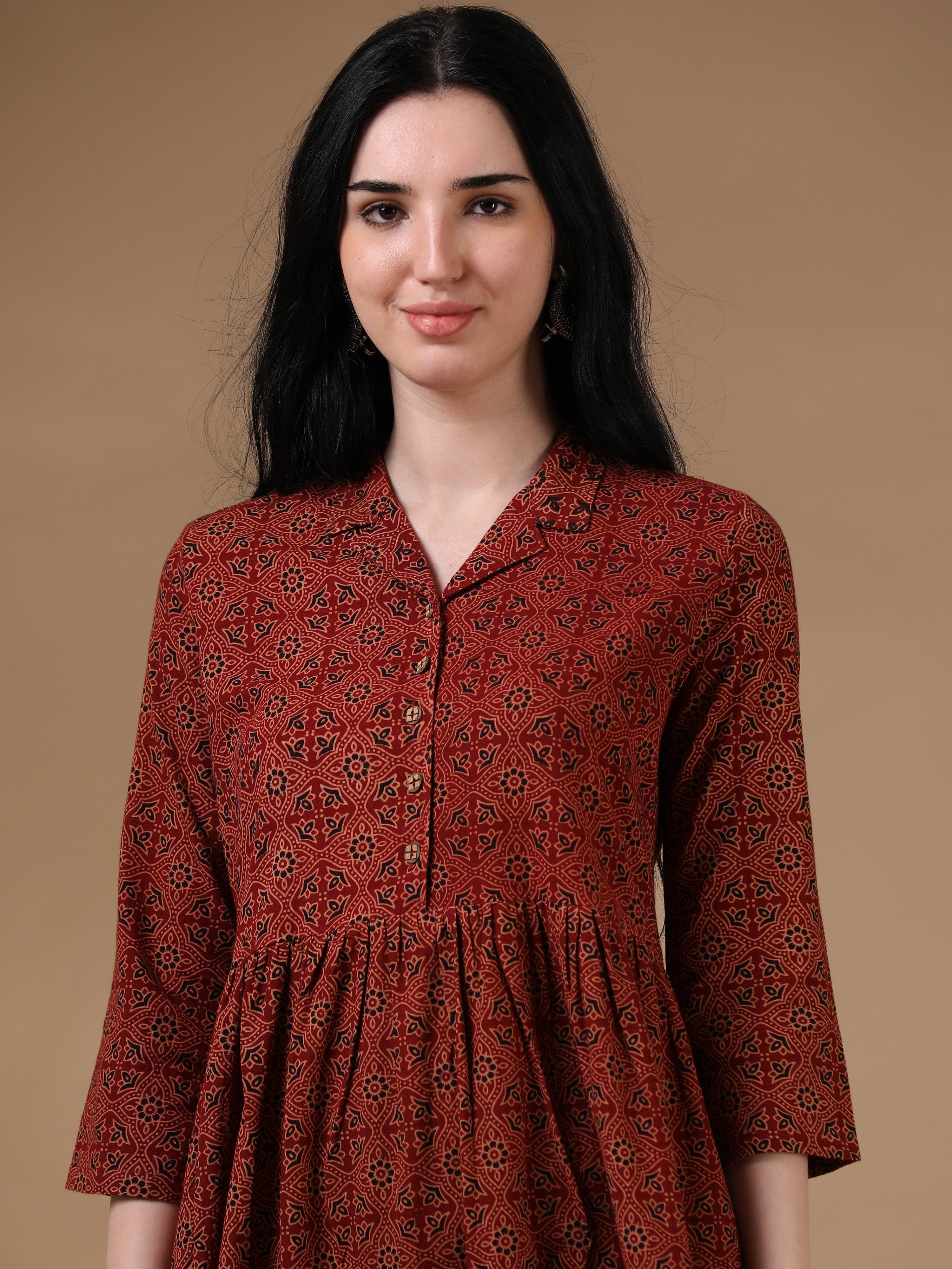 Maroon 3/4th Regular Sleeves Casual Wear Dress